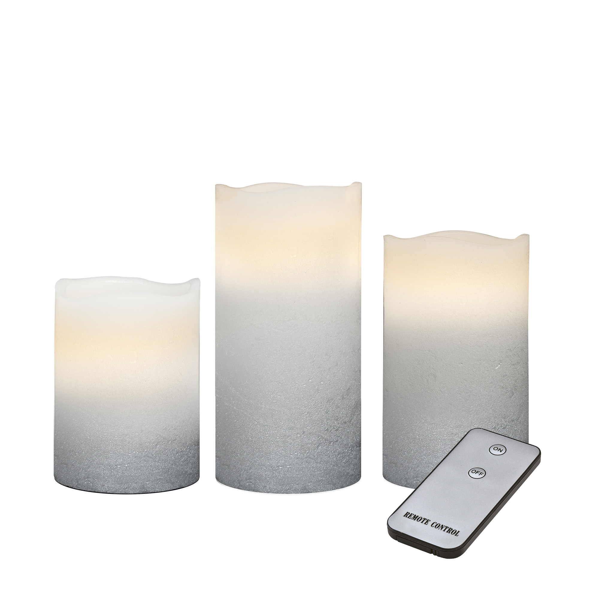X4-LIFE LED Kerzen 3er-Set mit Fernbedienung, LED Echtwachskerzen, inkl. Batterien, warmweiße täuschend echt flackernde Kerzenflamme, Kerzen 10cm 13cm 15cm hoch, Durchmesser 8 cm, Silber-Weiß, dekorativ