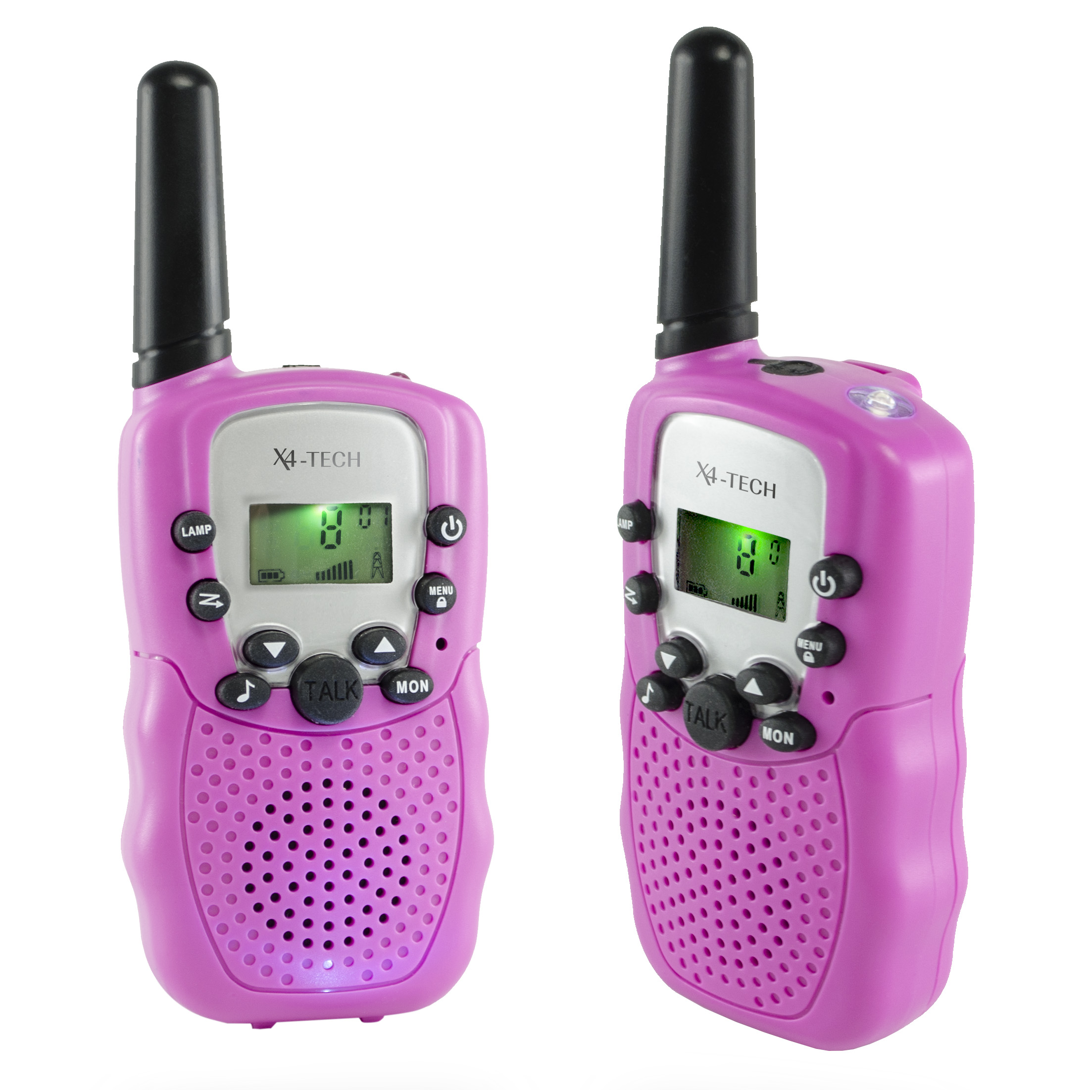 X4-TECH Walkie-Talkie mit 3 km Reichweite, 8 Kanälen, LCD-Display, LED-Licht und Kopfhöreranschluss perfekt für Outdoor-Abenteuer, pink