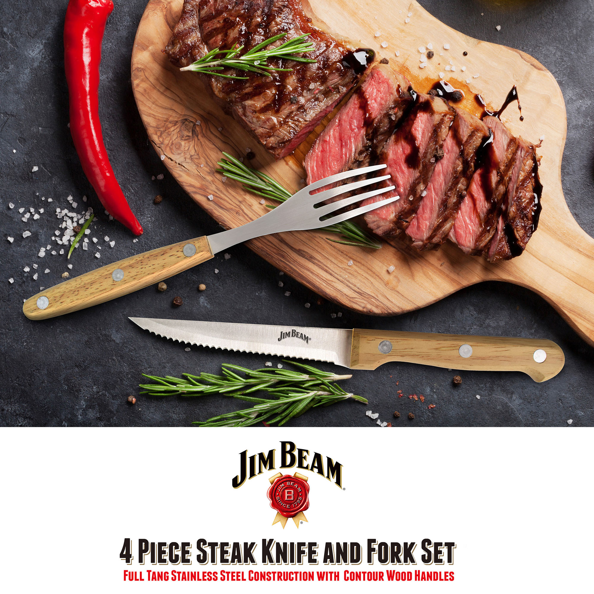 Jim Beam BBQ-Steakbesteck, 2x Steakmesser 2x Gabel, rostfreier Edelstahl mit Holzgriff, sauberer Schnitt, JB0167