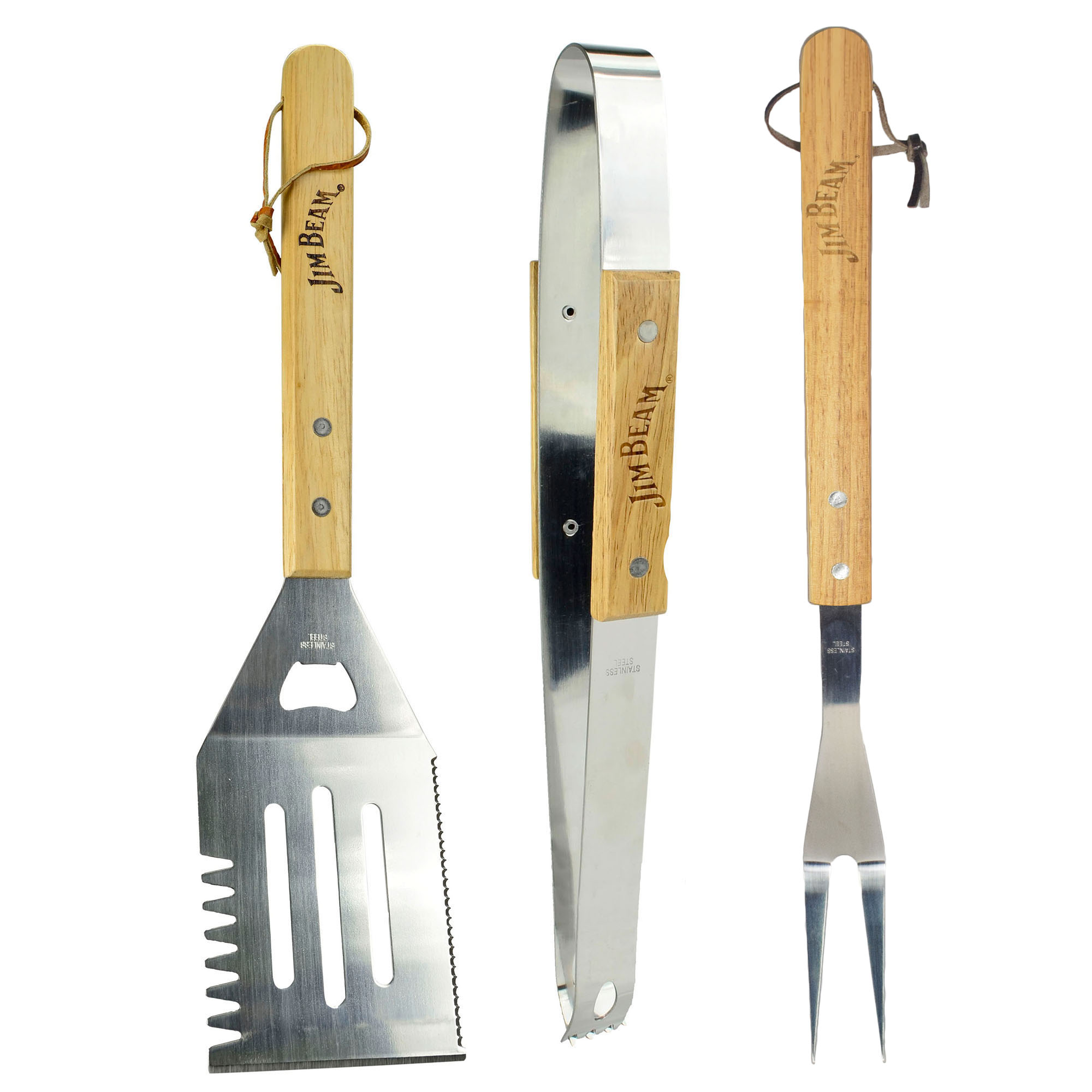 Jim Beam BBQ Werkzeug 3-teilig (Grillgabel, Grillwender, Grillzange) Grillbesteck, rostfreier Edelstahl, Holzgriff, BBQ-Set, Flaschenöffner, Für die Küche und den Grill