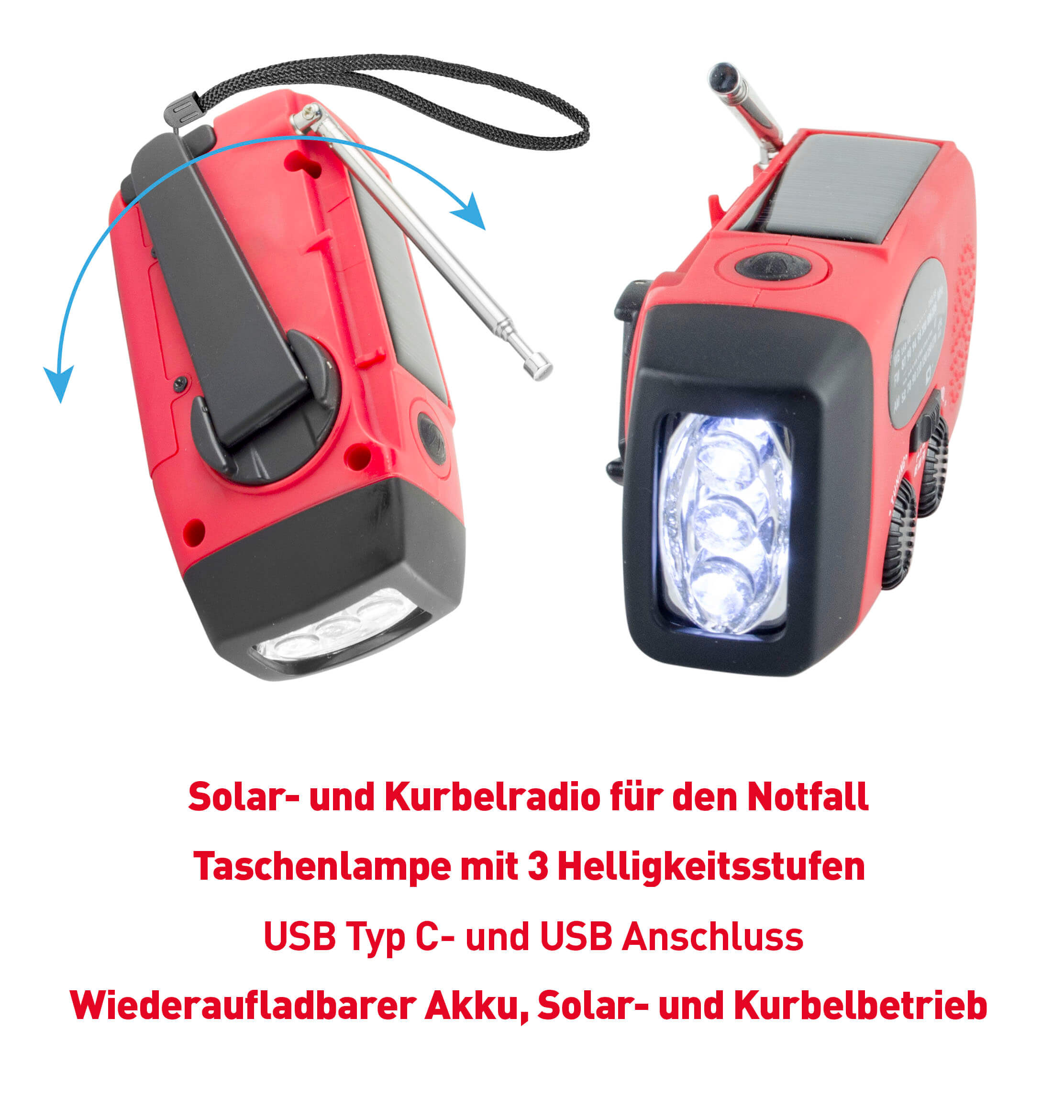 FM/AM Solar-Kurbelradio mit 1W Taschenlampe und Notfallalarm, IPX3 wiederaufladbar USB/Solarpanel/Kurbel
