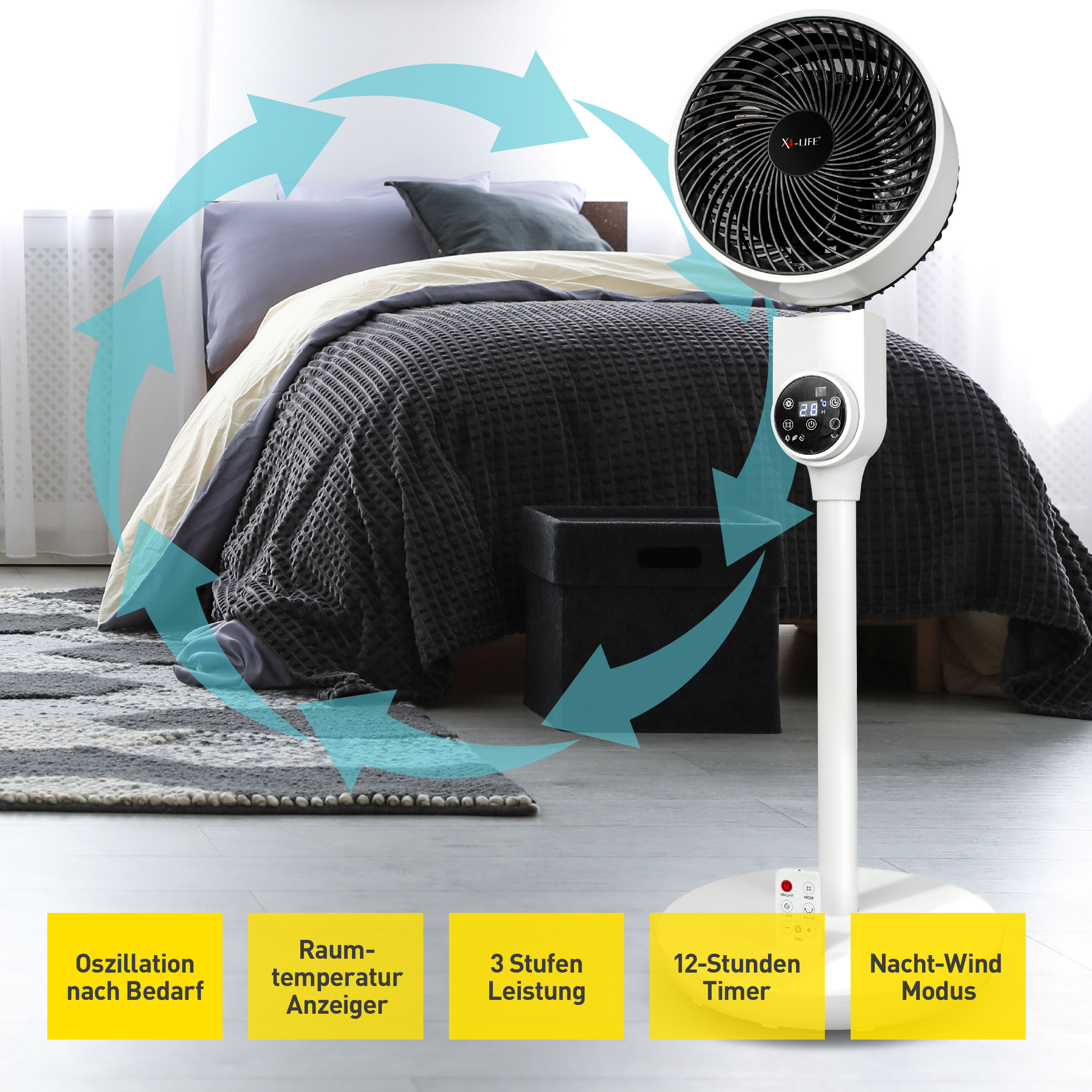 Floor Fan Pinguin DX, Floor Fan with Touch Control, Timer, and Remote Control, Oscillation, Quiet and Energy-Efficient