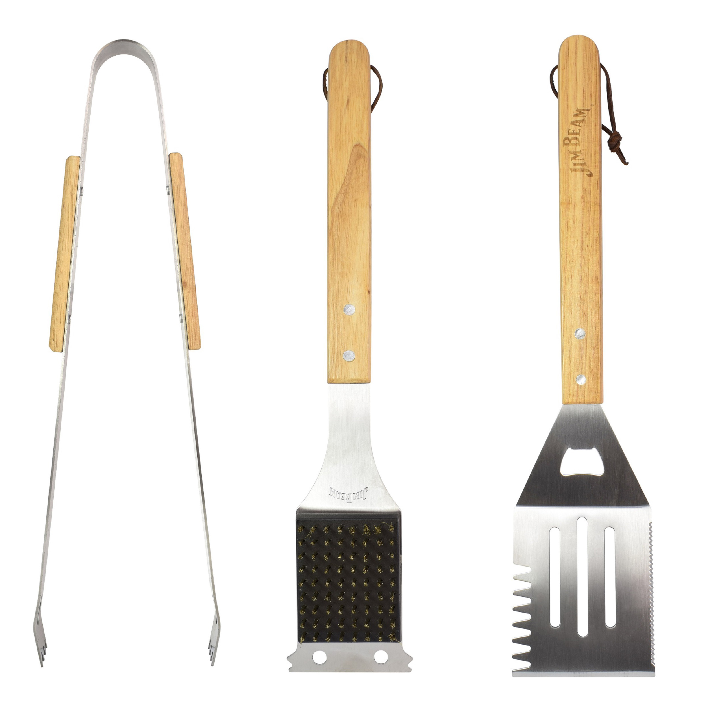 Jim Beam BBQ Zubehör, Grillbesteck 3-tlg. Grillbürste, Grillzange, Grillwender mit Flaschenöffner, rostfreier Edelstahl, Grillzubehör BBQ-Werkzeug