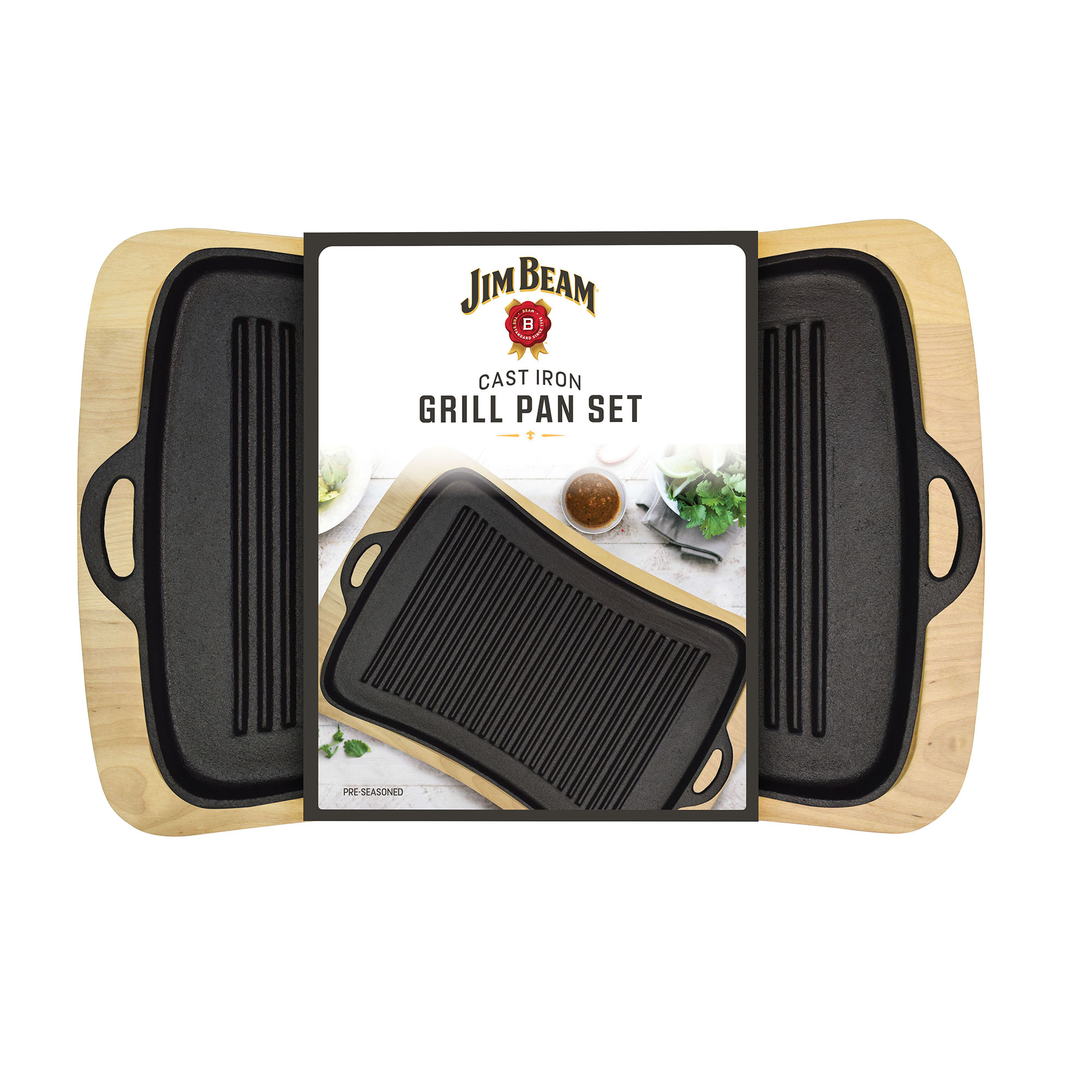 Jim Beam BBQ Zubehör Grillplatte aus Gusseisen mit Holzuntersetzer, gerillter Oberfläche, lange Wärmespeicherung, BBQ Braten und Garen, für jede Küche und jeden Grill