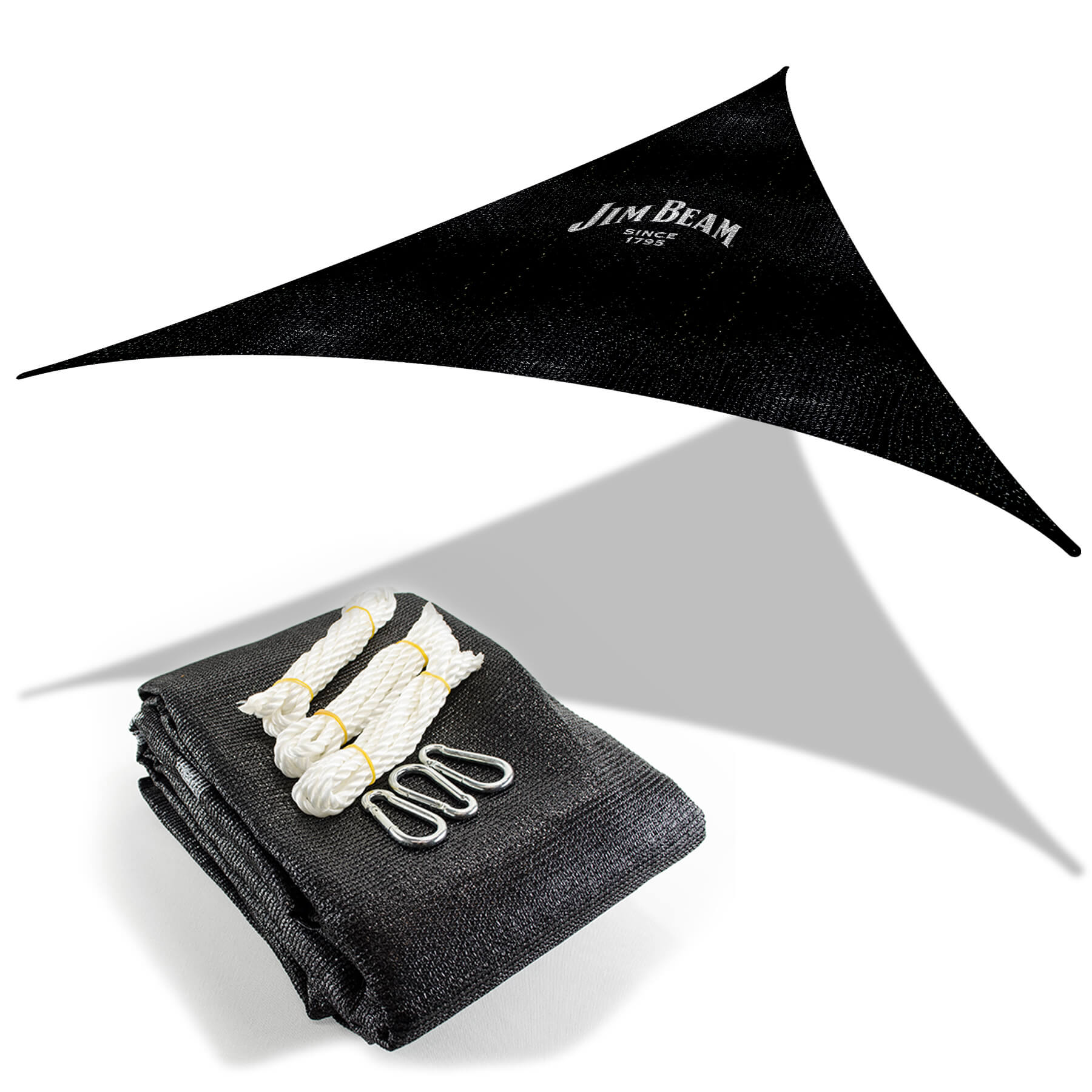 Jim Beam BBQ Zubehör, Sonnensegel, Windschutz,  Schattenspender Garten, Sichtschutz, mit Karabiner, Seil,  Dreieck 5x5x5m, robust, stabil