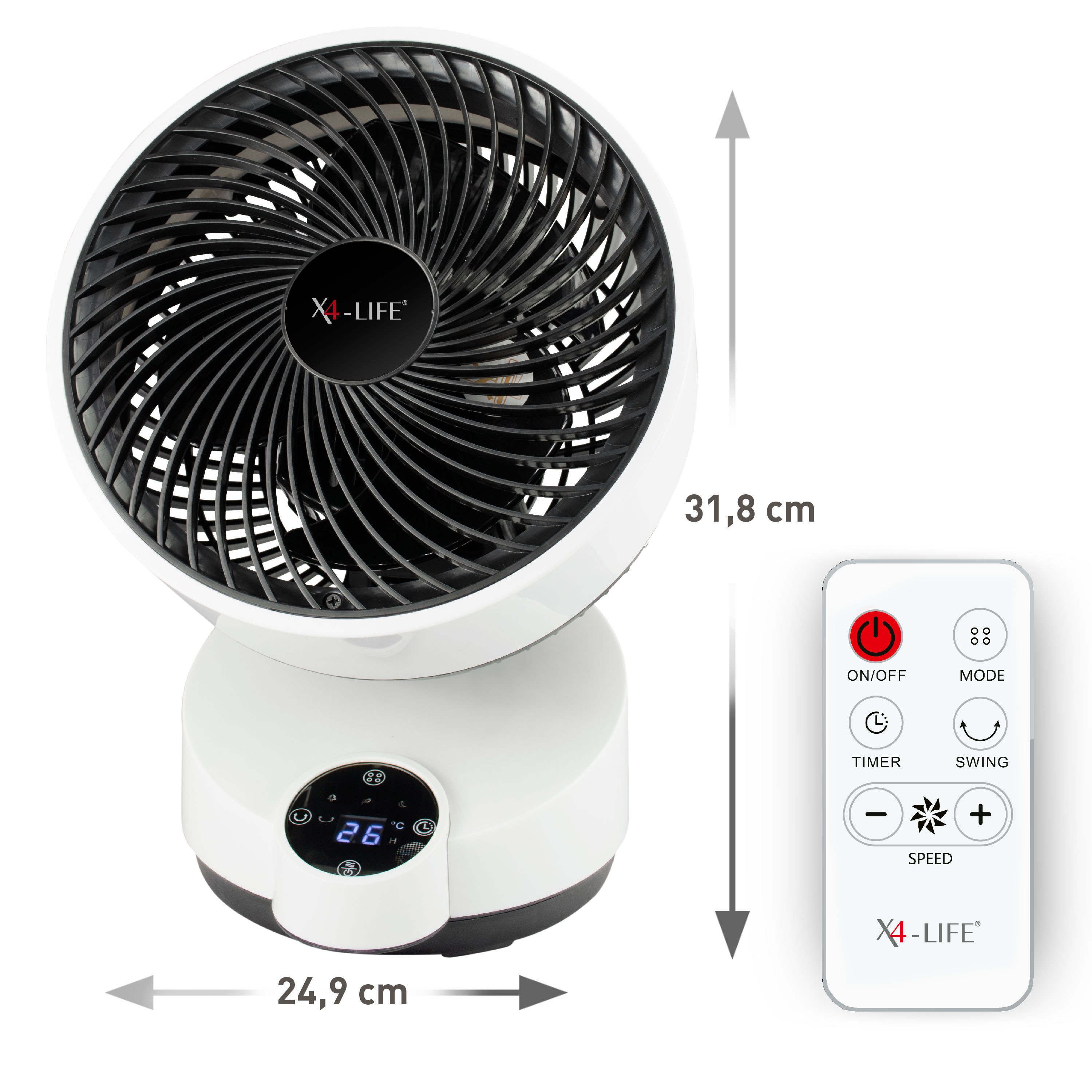 Fan Pinguin DX, a fan with touch control, timer, and remote control, featuring oscillation for wider air distribution, quiet operation, and energy efficiency