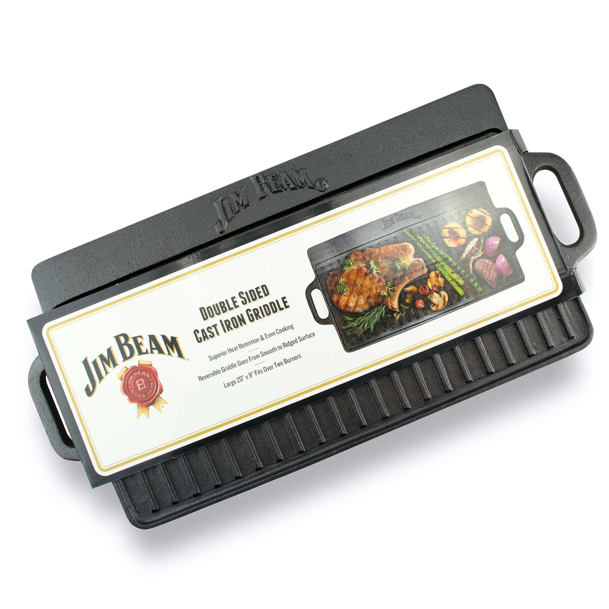 Jim Beam BBQ Zubehör, Gusseiserne Grillplatte, doppelseitig, flache Seite und gerillt, gute Wärmeverteilung, 51cm breit, Küchenzubehör oder für den Grill