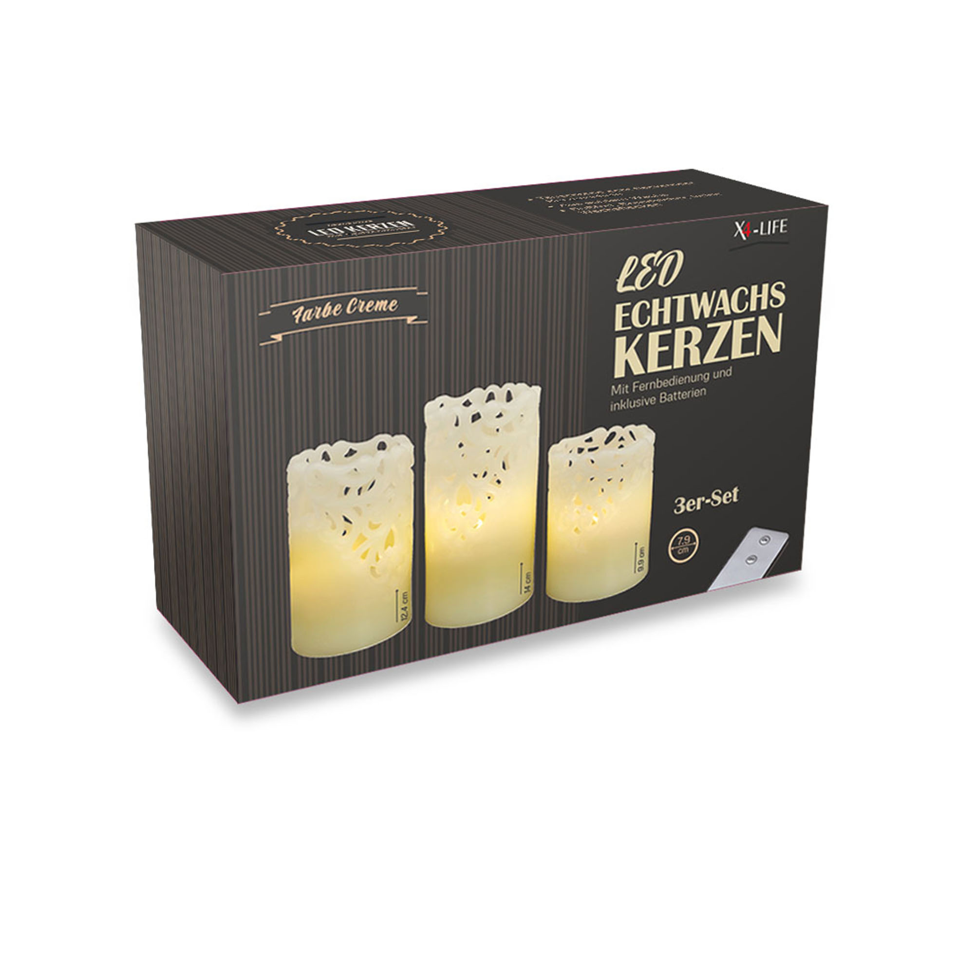 X4-LIFE 3x LED Kerzen mit Spitzenmuster, 3er-Set, Fernbedienung, Echtwachskerzen inkl. Batterien, 10cm/12cm/15cm