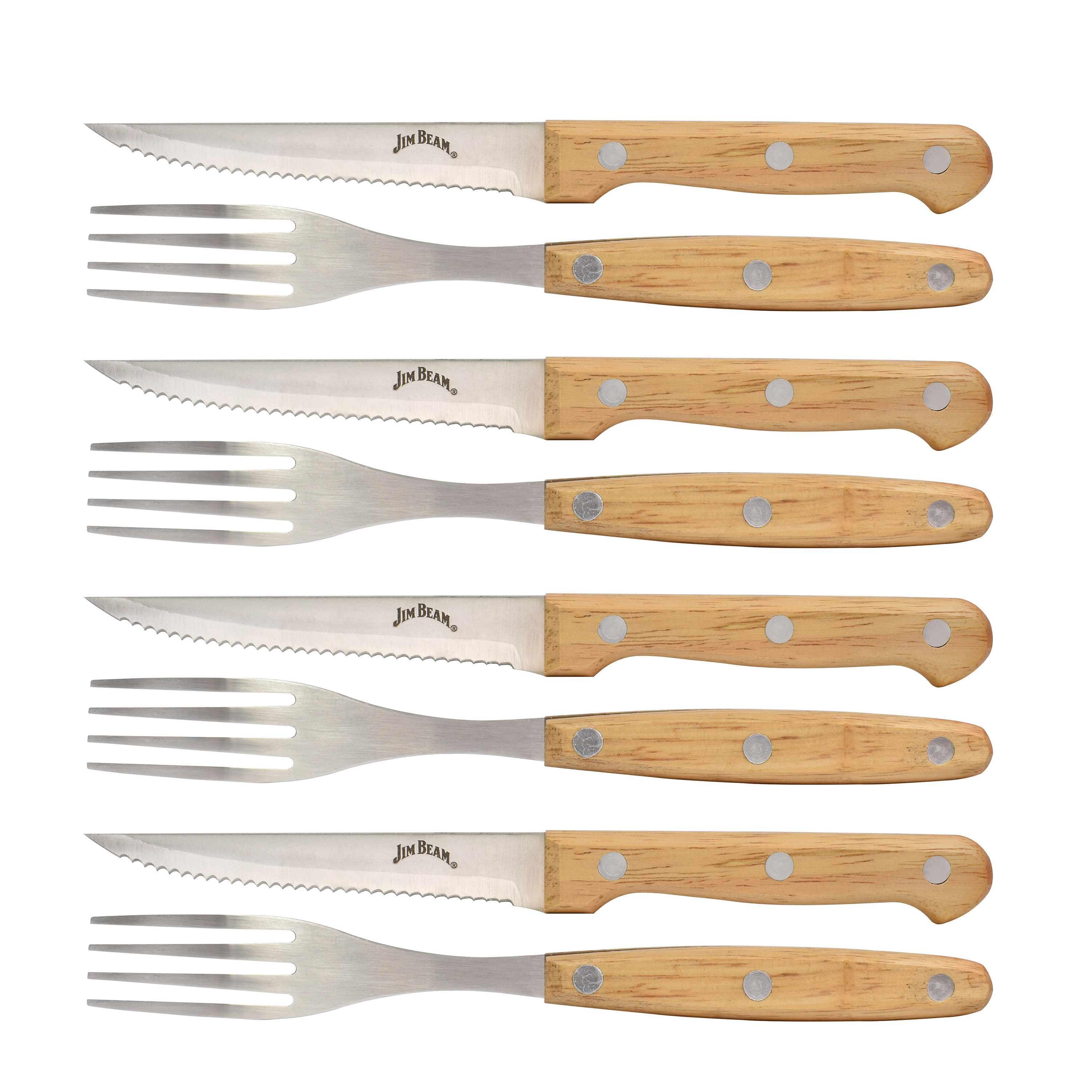 Jim Beam BBQ Zubehör, Steakbesteck Set für 4 Personen, 4x Gabel und 4x Steakmesser Set, Handgriff aus Parawood-Holz, Messer mit einer scharfkantigen Klinge, Küchen zubehör