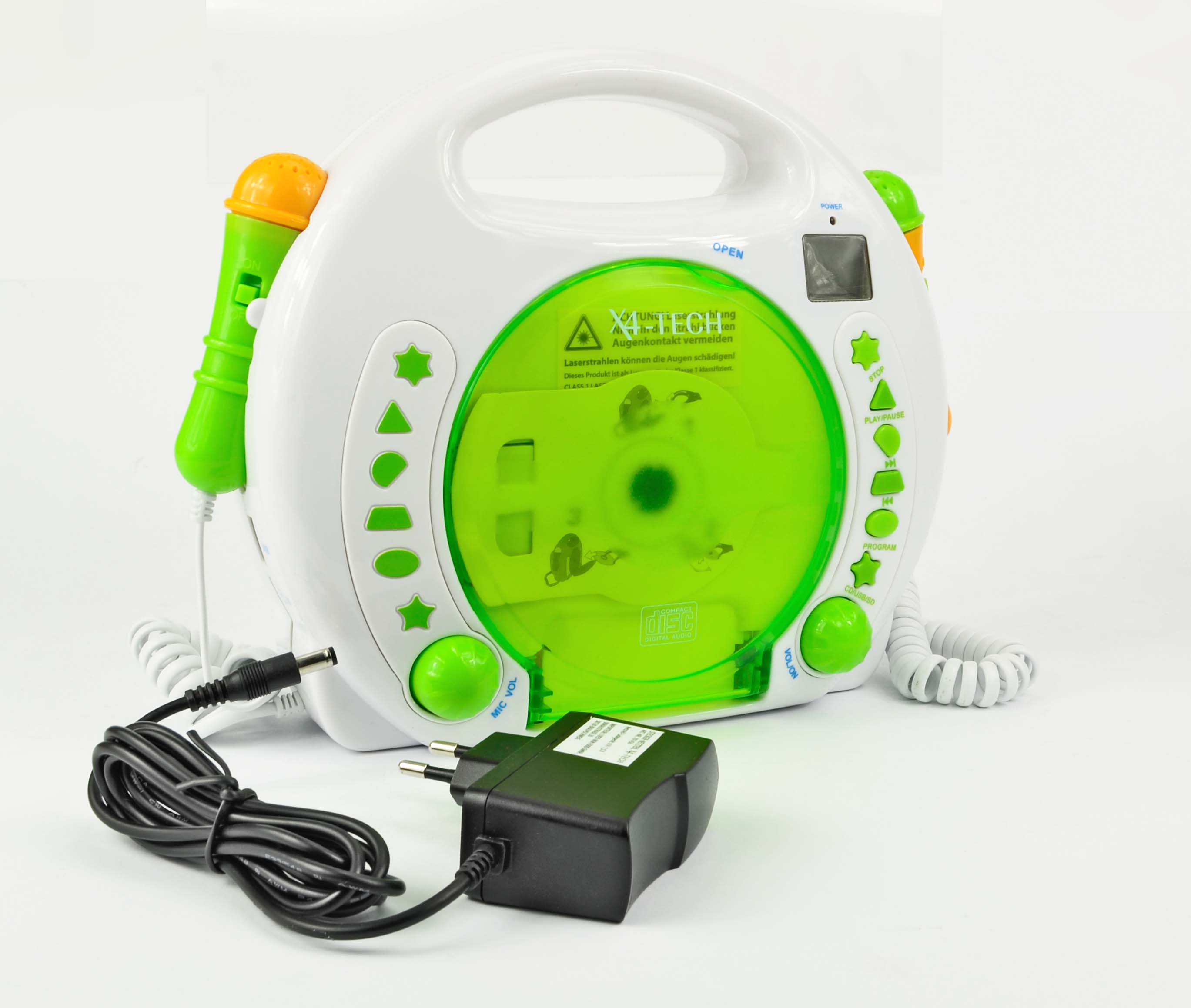 X4-TECH CD Plyer und Karaoke für Kinder mit 2 Mikrofonen inkl. Sticker-Set, Wiedergabe CD/USB/SD, 2000 mA Akku