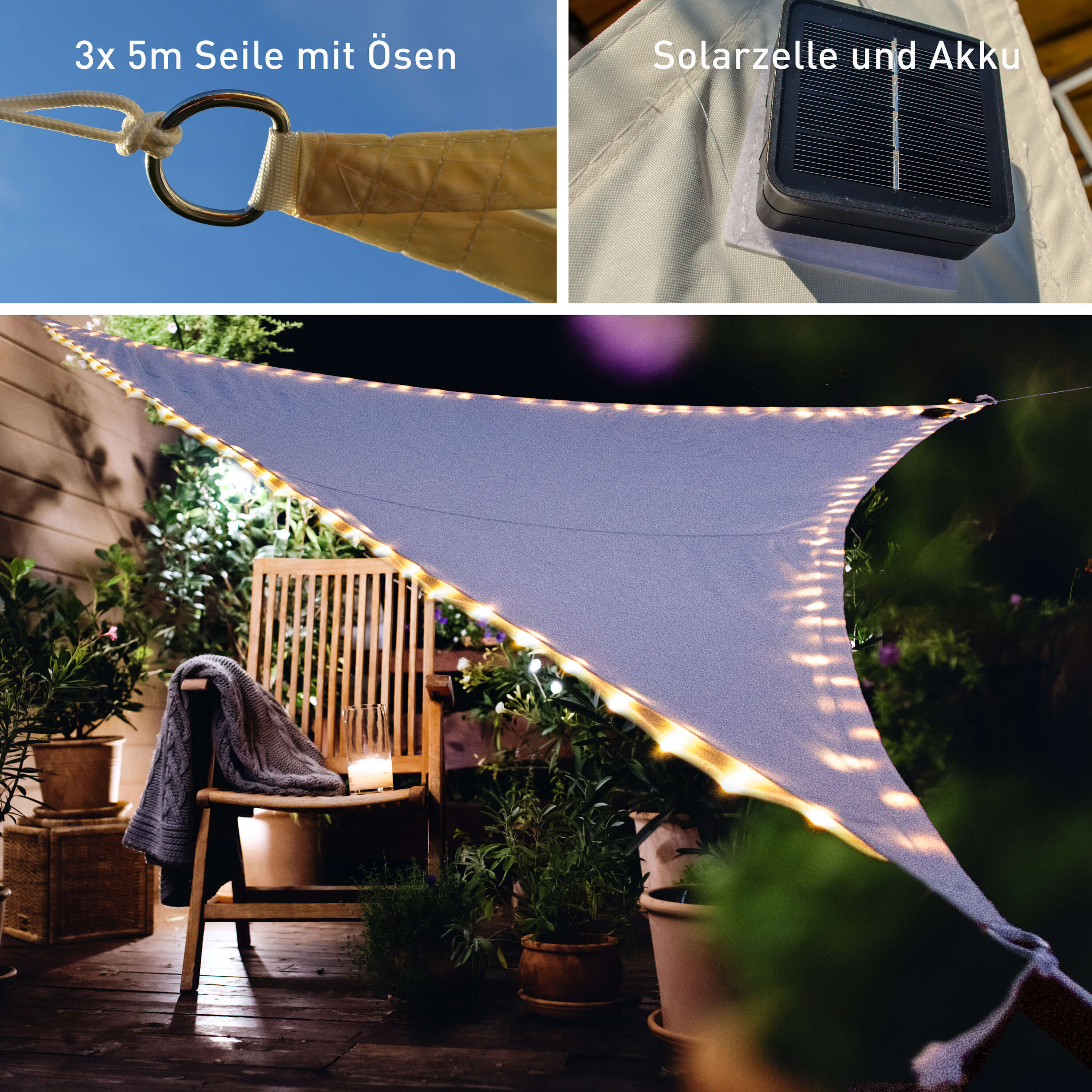 LED Solar Sonnensegel von X4-LIFE 3.6 x 3.6 x 3.6, Garten Deko LED-Beleuchtung, Solarpanel und Akku