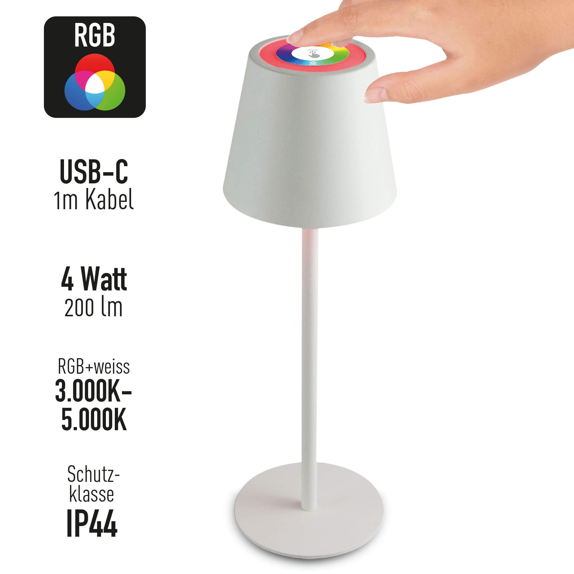RGB LED Touch Tischleuchte, IP44, C USB, RGB + Warm-, Neutralweiß und Tageslicht, 200lm, metall