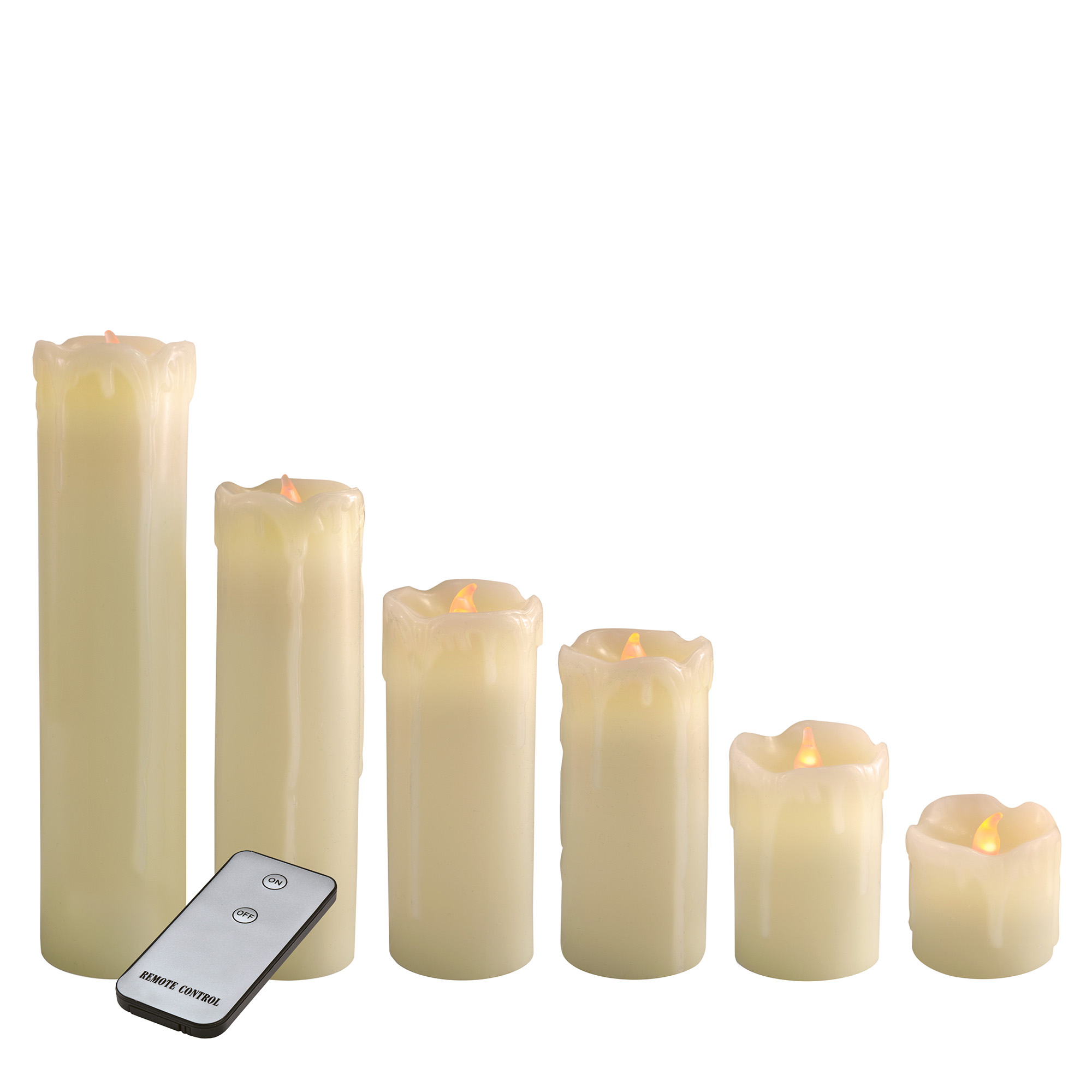 X4-LIFE 6 LED Kerzen mit Wachstropfen, 6er-Set, Fernbedienung, LED Echtwachskerzen, mit Batterien, warmweißes Kerzenlicht, täuschend echt flackernde Flamme, 5cm 8cm 10cm 13cm 18cm 23cm, Farbe Creme, dekorativ