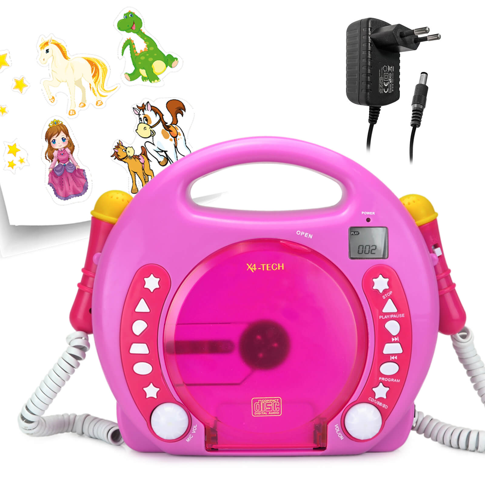 CD Player Karaoke für Kinder 2 Mikrofonen inkl. Sticker-Set Wiedergabe CD/USB/SD inkl. Steckernetzteil - pink