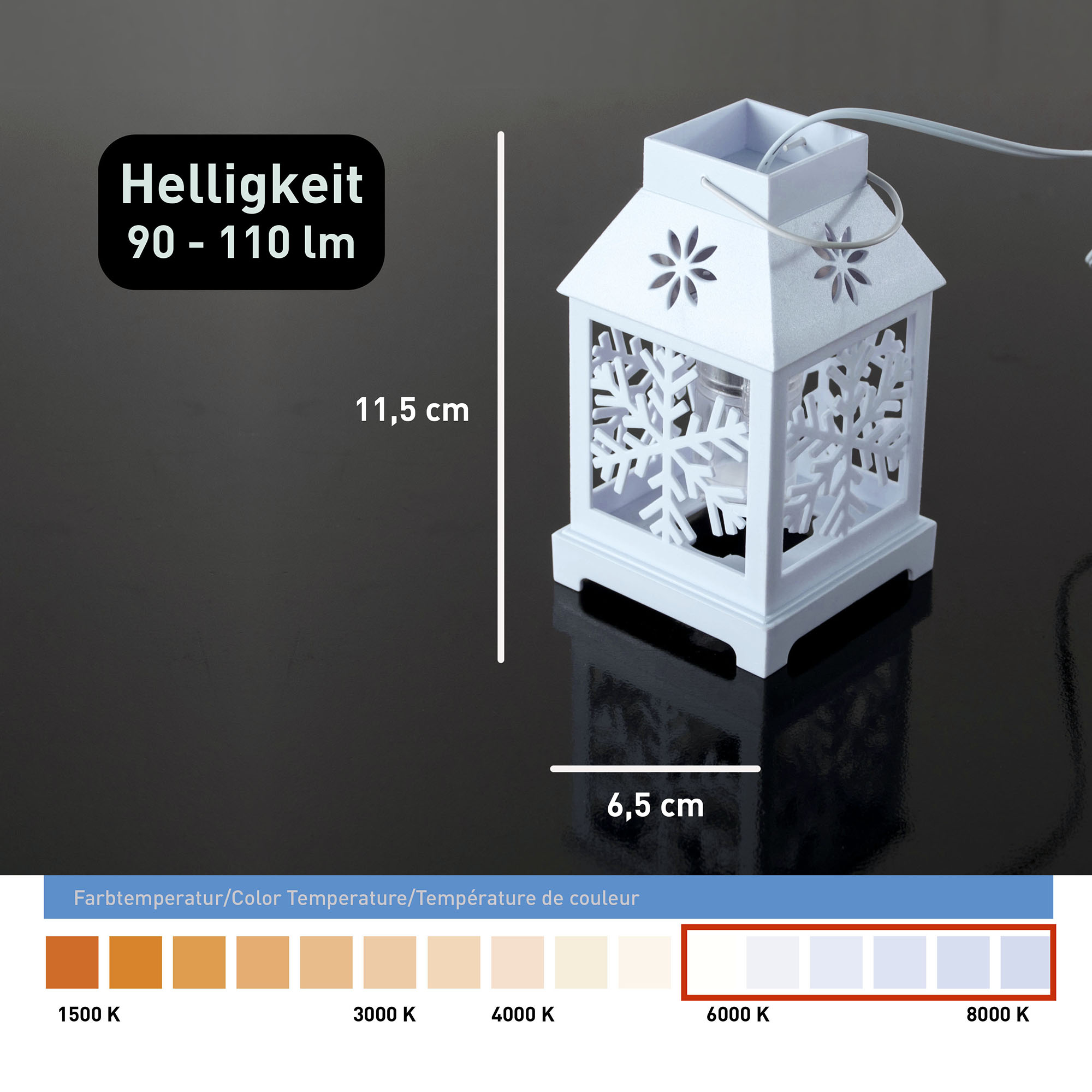 X4-LIFE LED 4 Laternen mit Schneeflockenmuster 5W 3m Lichterkette mit Netzadapter, kalt-weiß, weihnachtliche Atmosphäre