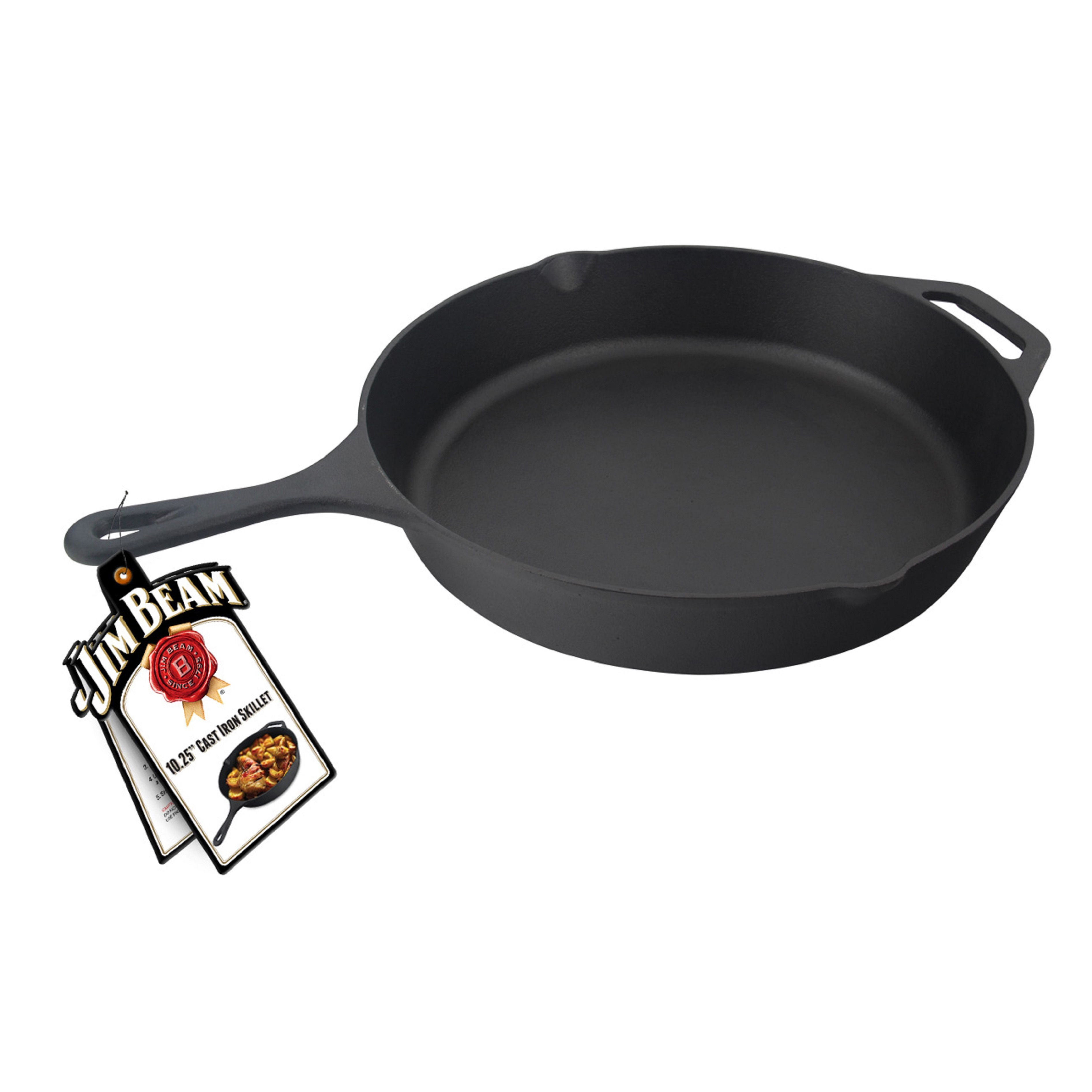 Jim Beam BBQ Zubehör, Bratpfanne aus Gusseisen 26cm, 2 Ausgießer und Handgriff, für Grill und Ofen, induktionsfähig, lange Wärmespeicherung, für den Herd und den Grill