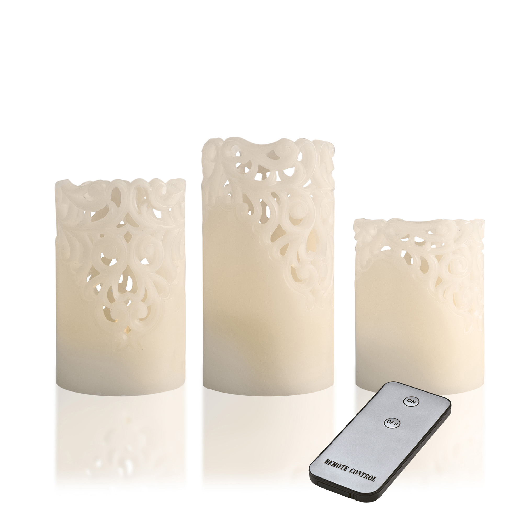 X4-LIFE 3x LED Kerzen mit Spitzenmuster, 3er-Set, Fernbedienung, Echtwachskerzen inkl. Batterien, 10cm/12cm/15cm