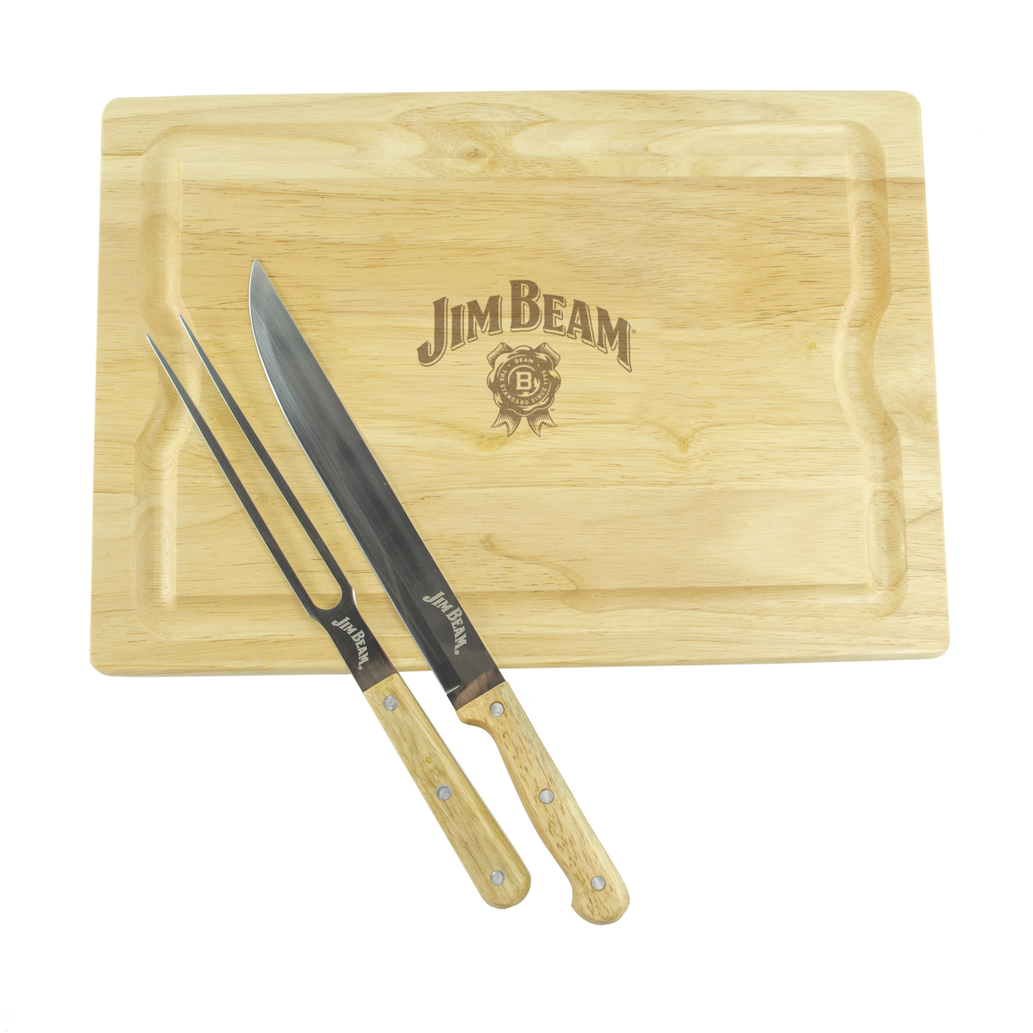Jim Beam BBQ Zubehör, XL Schneidebrett mit Tranchiermesser und Fleischgabel für jede Küche und Grillpartys