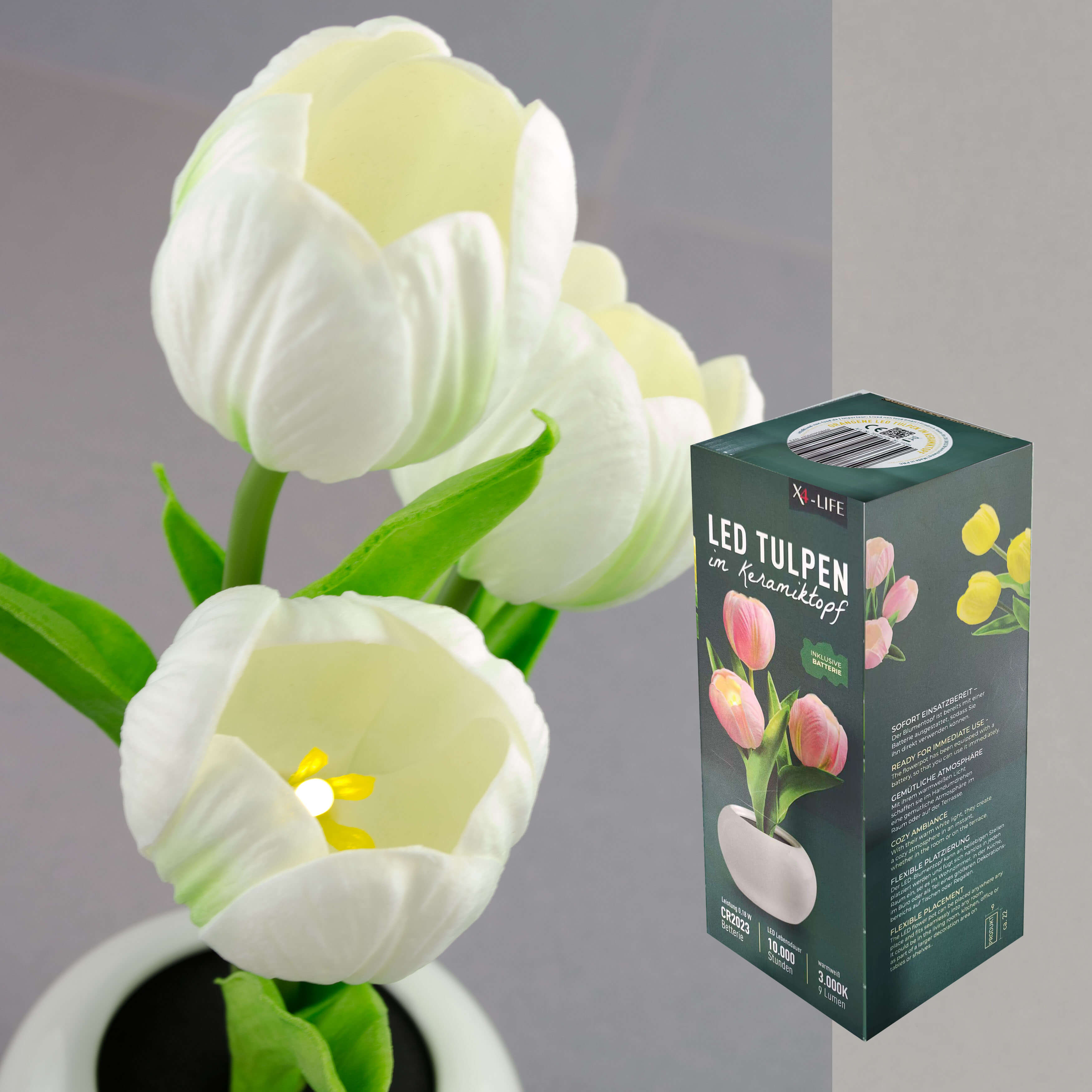 X4-LIFE LED Tulpen im Blumentopf, Deko Blumen inklusive Batterie - weiss