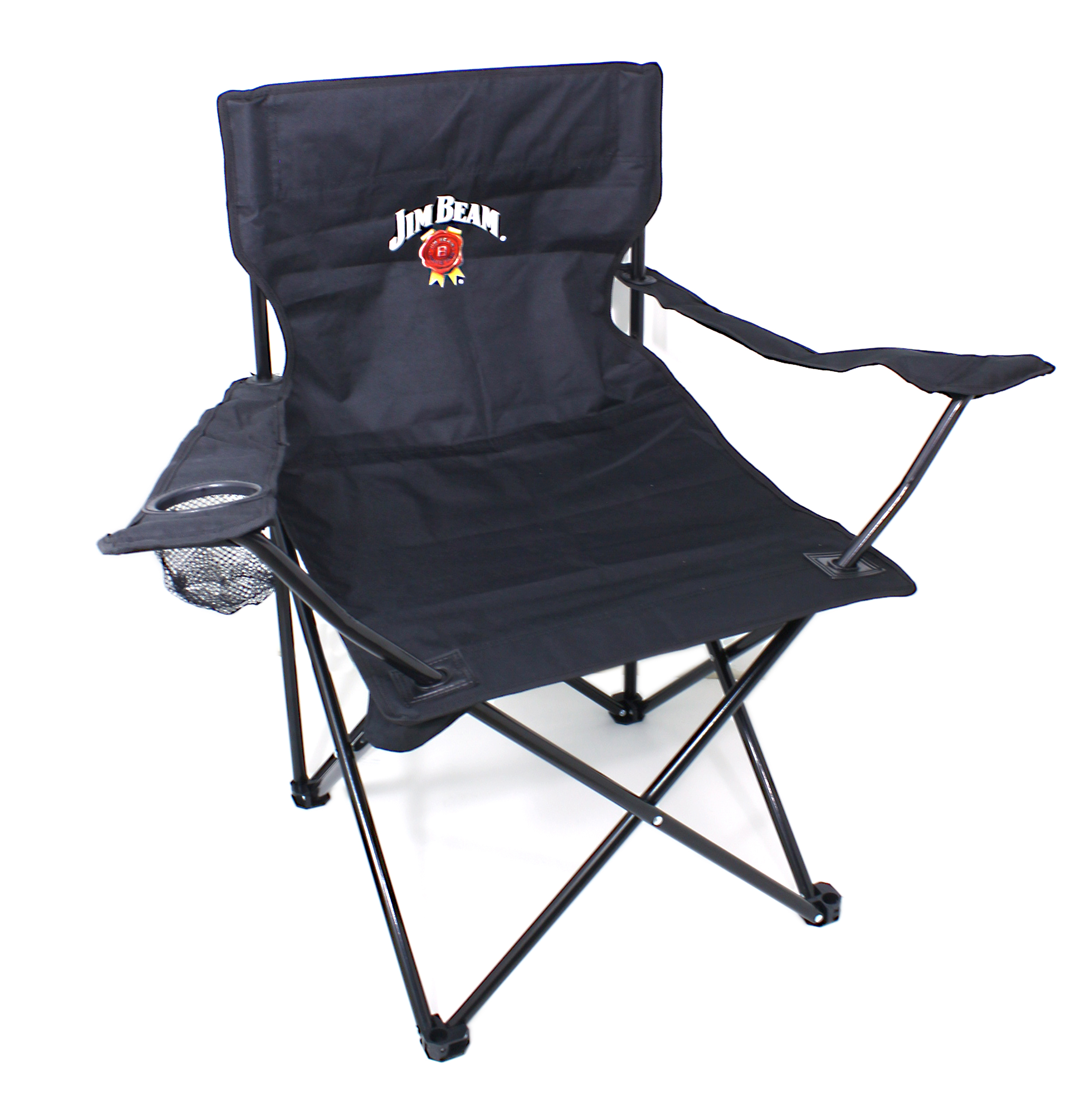 Jim Beam BBQ faltbarer Campingstuhl, Anglerstuhl, Strandstuhl, Getränkehalter, Belastung Stuhl max. 130 kg, schwarz, Textil, perfekt für den garten beim Grillen