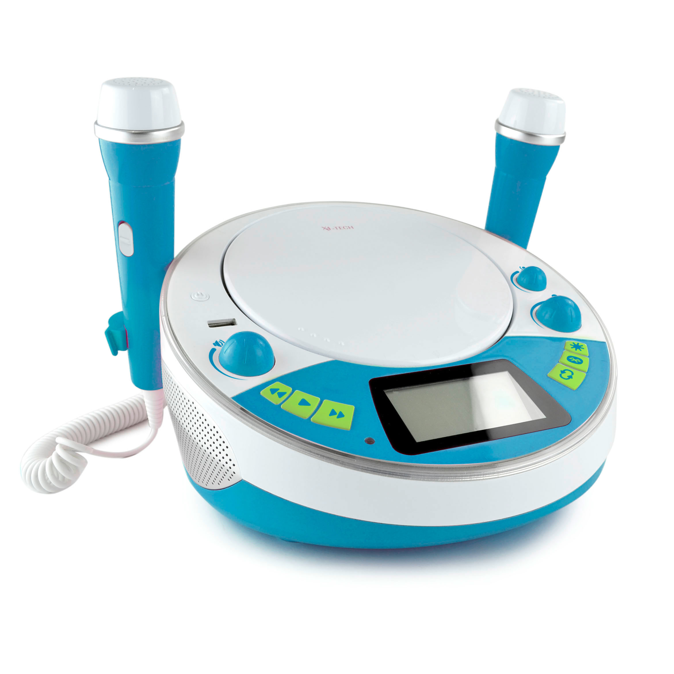X4-TECH Jam Box Kinder Bluetooth, CD, USB-Player 2 Mikrofone Aufkleber Buchstaben Sticker Blau