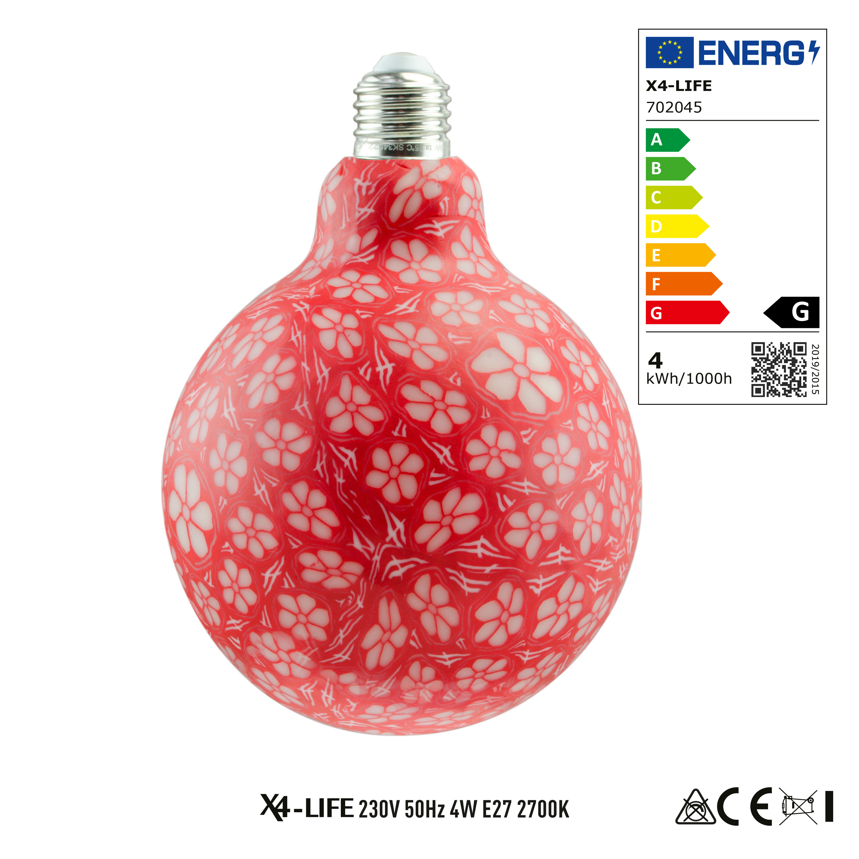 LED Porzellankugel rot E27-Fassung 30 Lumen 4 Watt G125