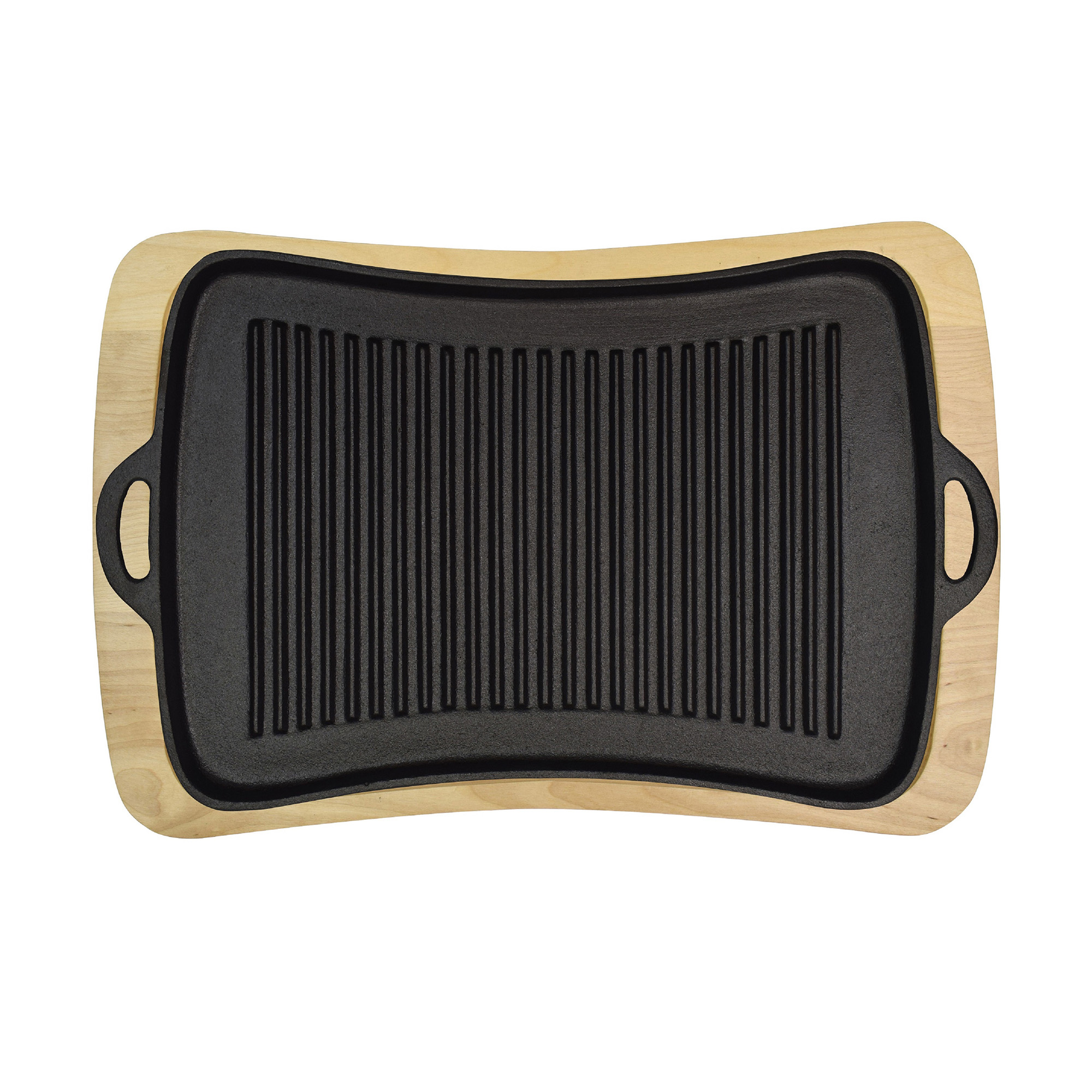 Jim Beam Grillplatte aus Gusseisen mit Holzuntersetzer, gerillter Oberfläche, lange Wärmespeicherung, BBQ Braten und Garen, JB0206