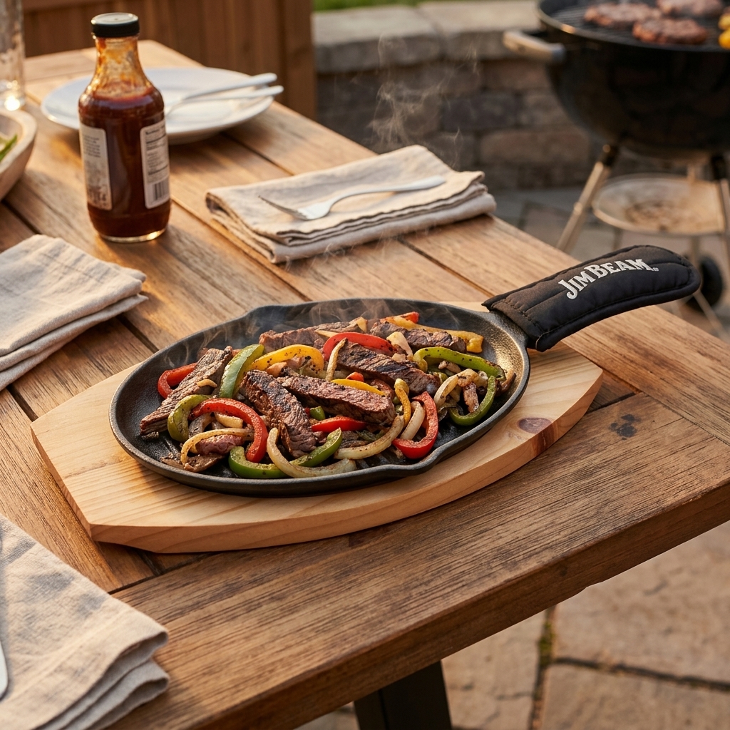 Jim Beam Gusseisenpfanne mit Holzsockel und Griffhandschuh, emailliertes Gusseisen, Wärmespeicherung, Induktionsfähig, BBQ Zubehör für die Küche und den Grill