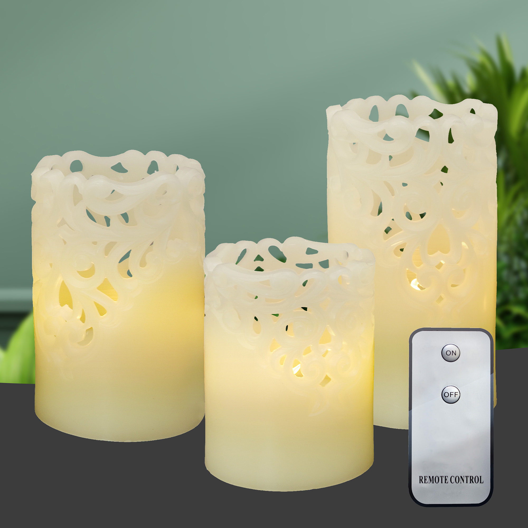 X4-LIFE 3x LED Kerzen mit Spitzenmuster, 3er-Set, Fernbedienung, Echtwachskerzen inkl. Batterien, 10cm/12cm/15cm