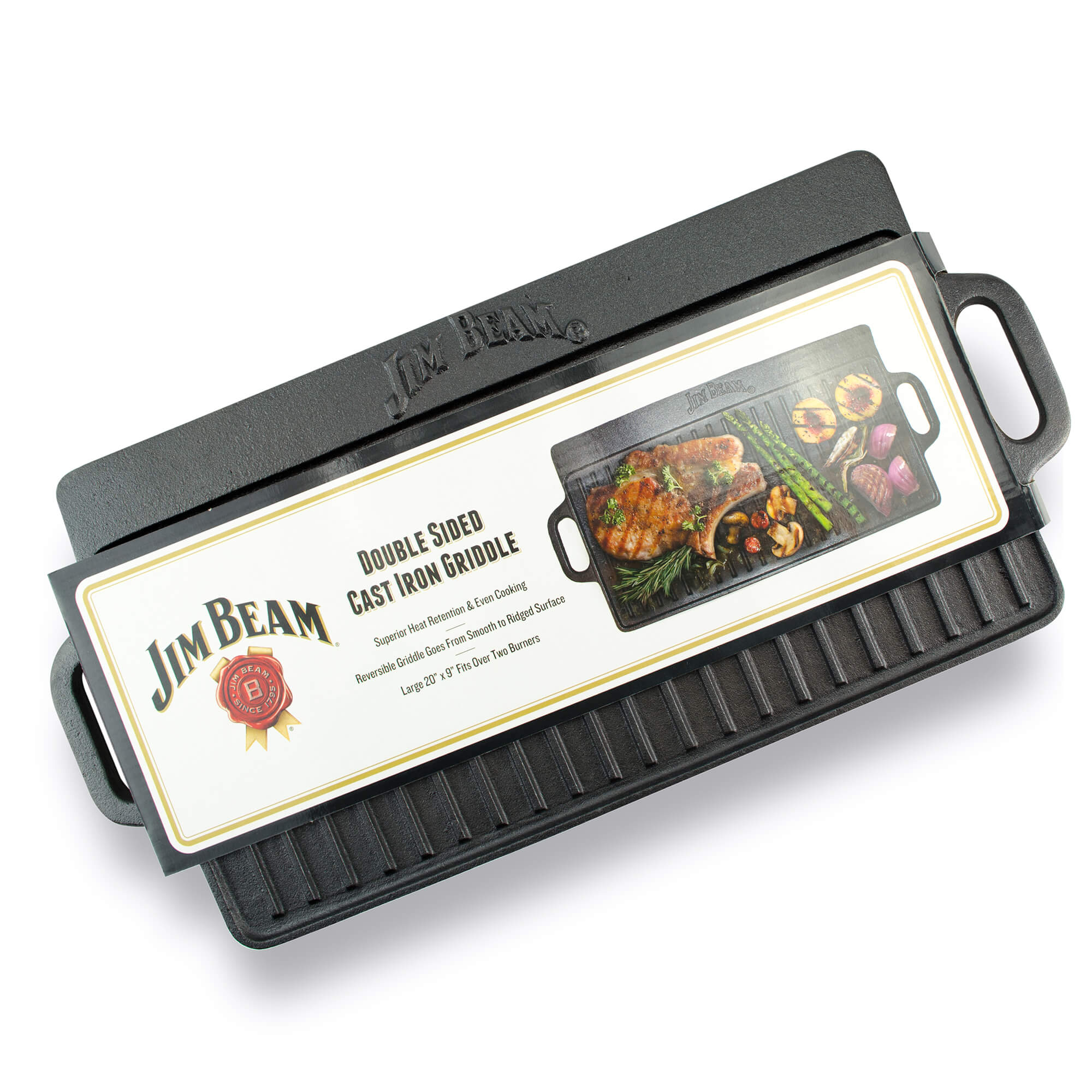 Jim Beam BBQ Zubehör, Gusseiserne Grillplatte, doppelseitig, flache Seite und gerillt, gute Wärmeverteilung, 51cm breit, Küchenzubehör oder für den Grill