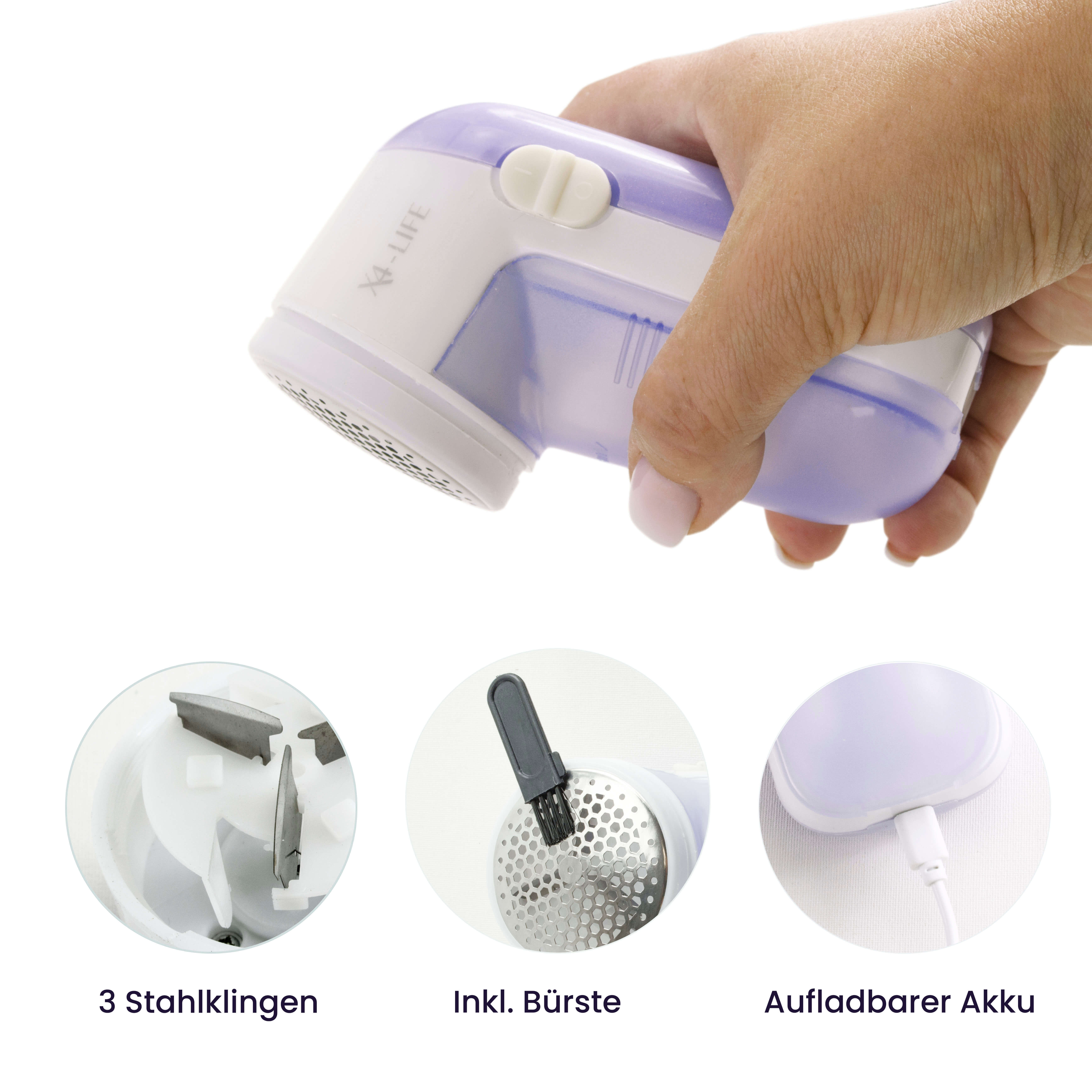 X4-LIFE Akku Fusselentferner, USB Fusselrasierer für Kleidung und Stoffmöbeln, rostfreie Stahlklingen, max. Leistung 5W