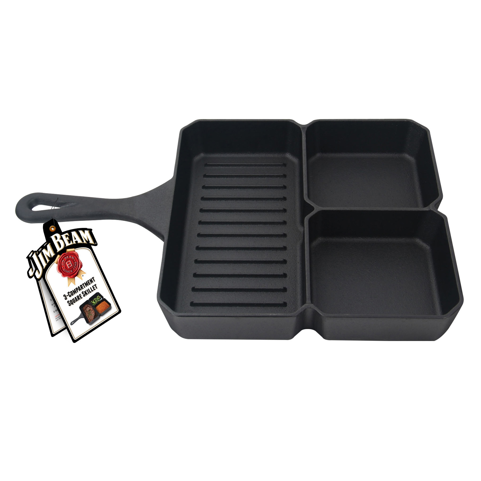 Jim Beam BBQ Zubehör, Bratpfanne aus Gusseisen, 3 Fächer, für Grill und Ofen, induktionsfähig, lange Wärmespeicherung, Grillpfanne Abmessungen 35x23cm