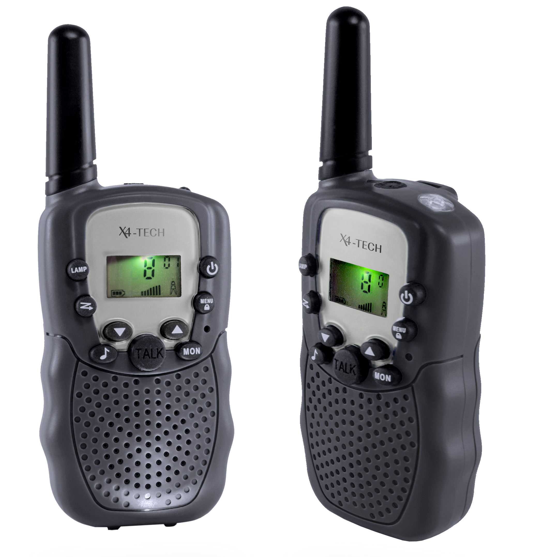 X4-TECH Walkie-Talkie mit 3 km Reichweite, 8 Kanälen, LCD-Display, LED-Licht und Kopfhöreranschluss perfekt für Outdoor-Abenteuer, schwarz