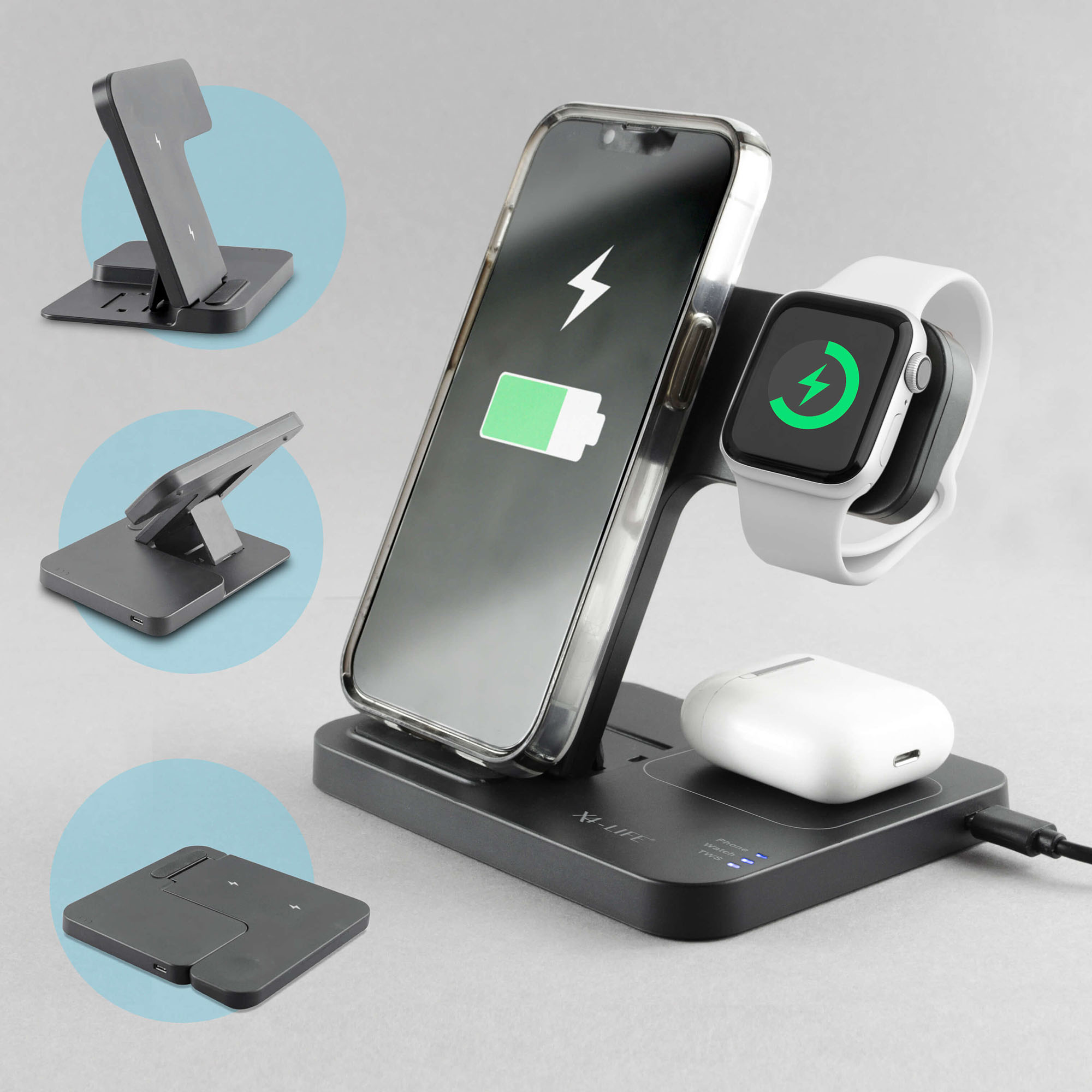 X4-LIFE Qi-Ladestation drahtloses Laden für Smartphones, Kopfhörer & Apple Watch Power-Hub