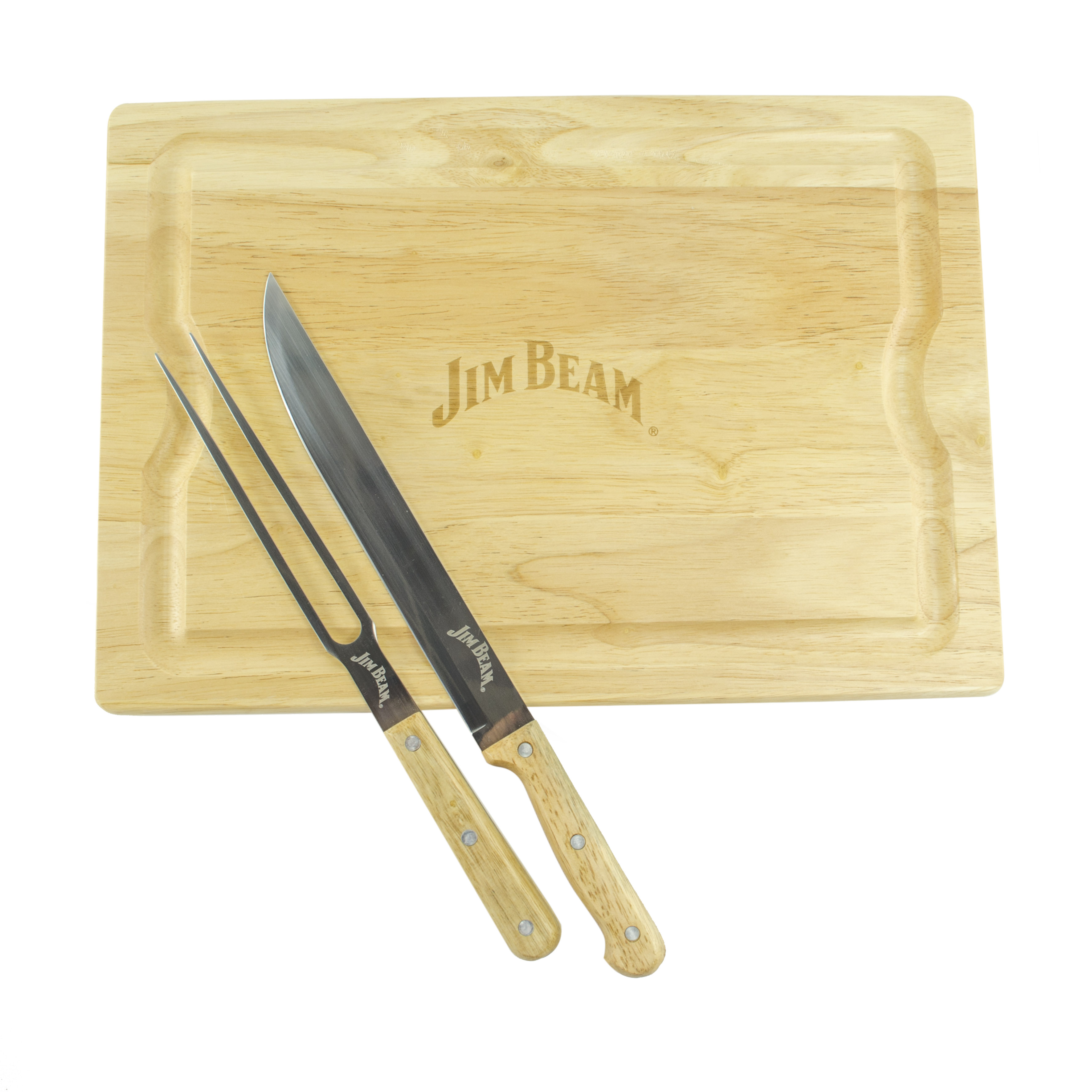 Jim Beam JB0237, Schneidebrett, 1 Tranchiermesser mit Saftrille, 1 Gabel, aus Edelstahl und Bambus-Holzgriff, scharfkantige Edelstahlklinge, leichte Reinigung, schonend, Schnittfestigkeit