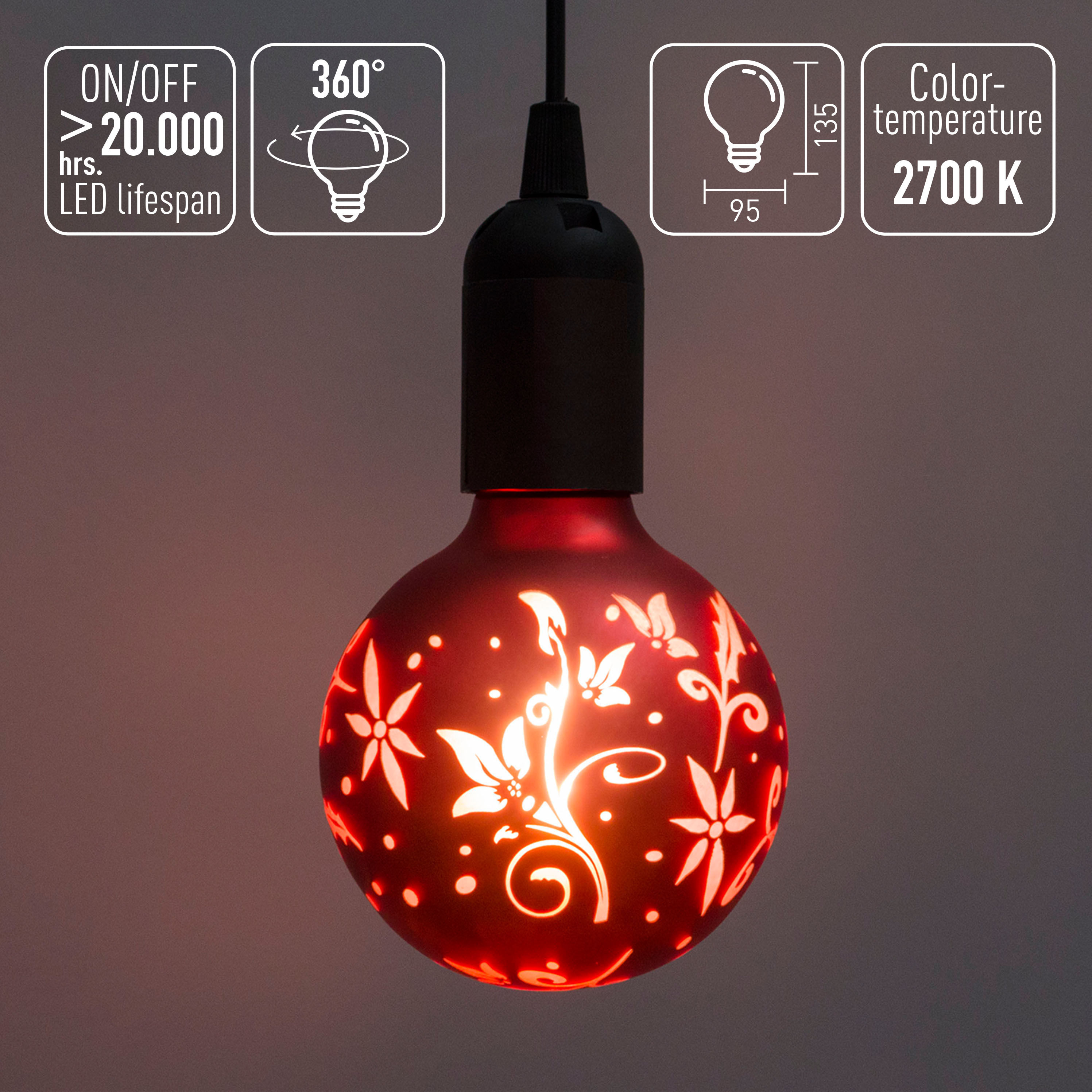 LED-Glaskugel mit E27-Fassung, Blumenmuster dunkelrot G95 4Watt