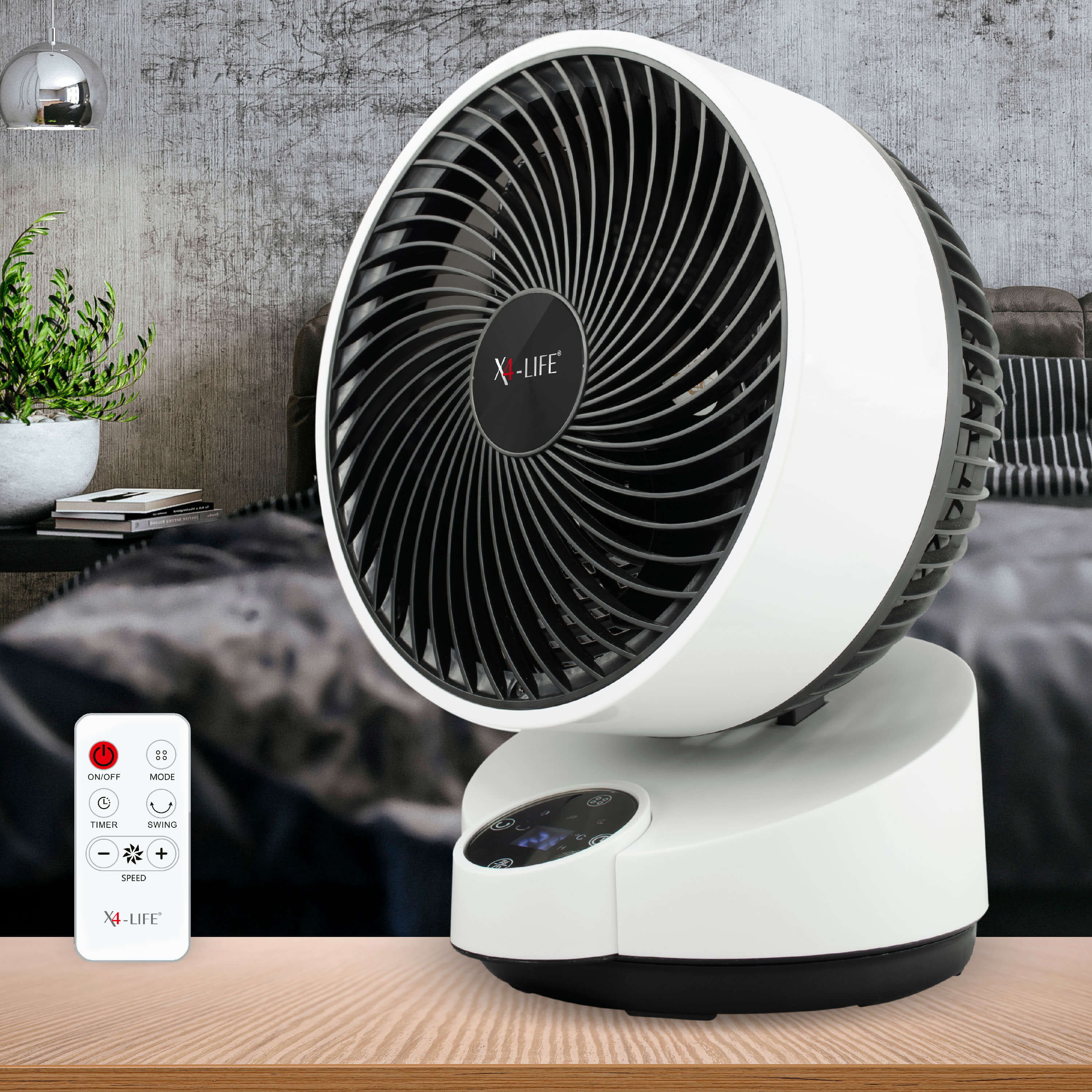 Fan Pinguin DX, a fan with touch control, timer, and remote control, featuring oscillation for wider air distribution, quiet operation, and energy efficiency