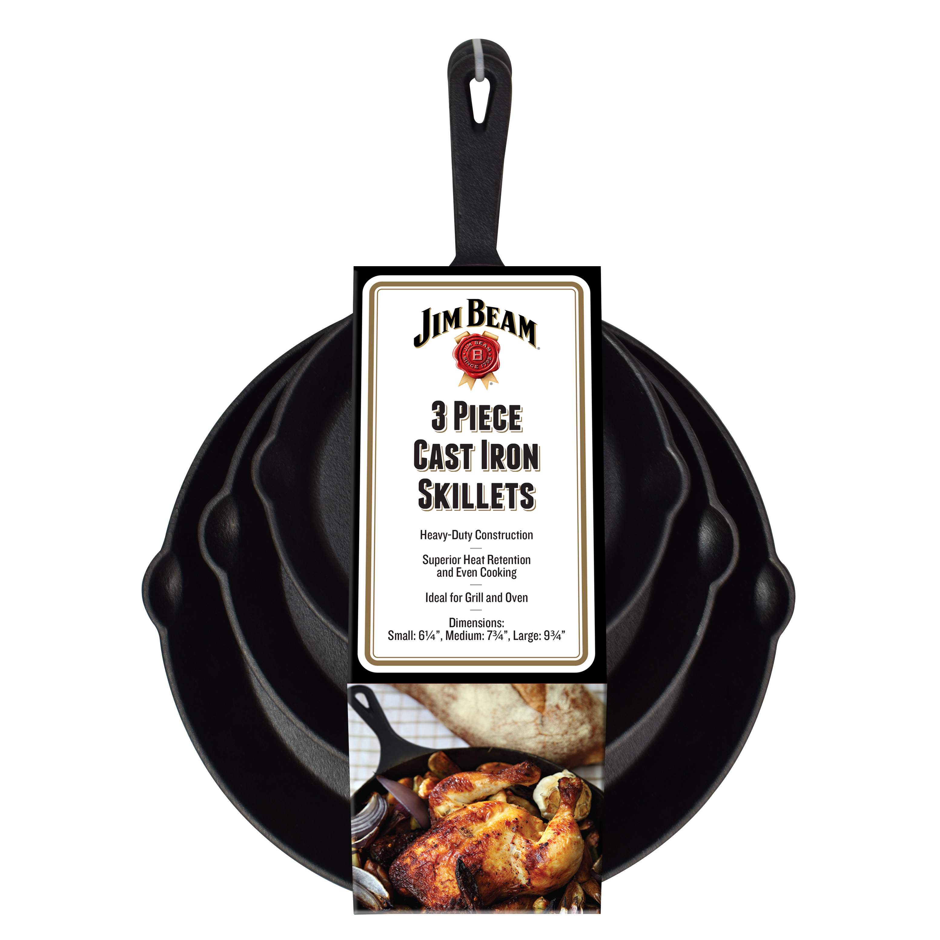 Jim Beam JB0195, Gusseiserne Bratpfanne 3er Set mit Ausgießer, BBQ Grillpfannen aus Gusseisen, für Grill und Ofen, induktionsfähig, Wärmespeicherung, Durchmesser 16cm, 20cm, 25cm