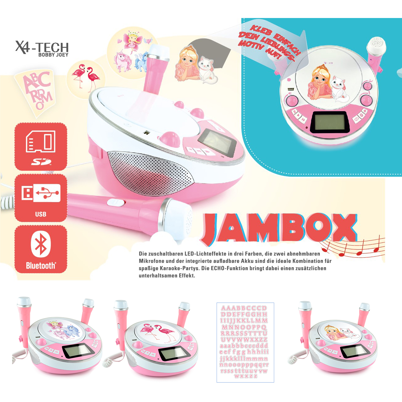 X4-TECH Jam Box Kinder Bluetooth, CD, USB-Player 2 Mikrofone Aufkleber Buchstaben Sticker Rosa