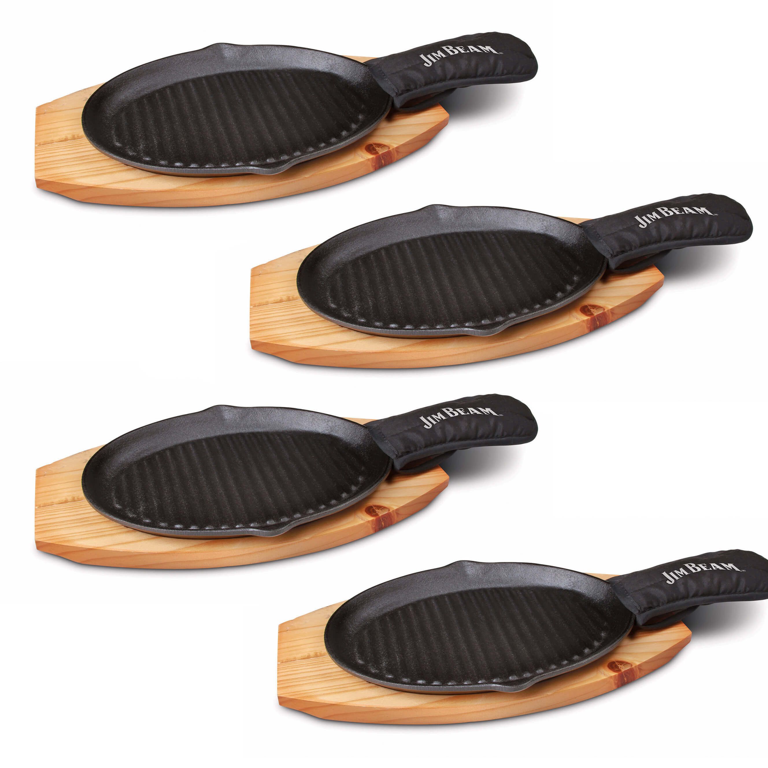 Jim Beam 4er-Set Gusseisenpfannen mit Holzsockel und Griffhandschuh, emailliertes Gusseisen, für Grill, Offen, Induktionsherd, JB0159
