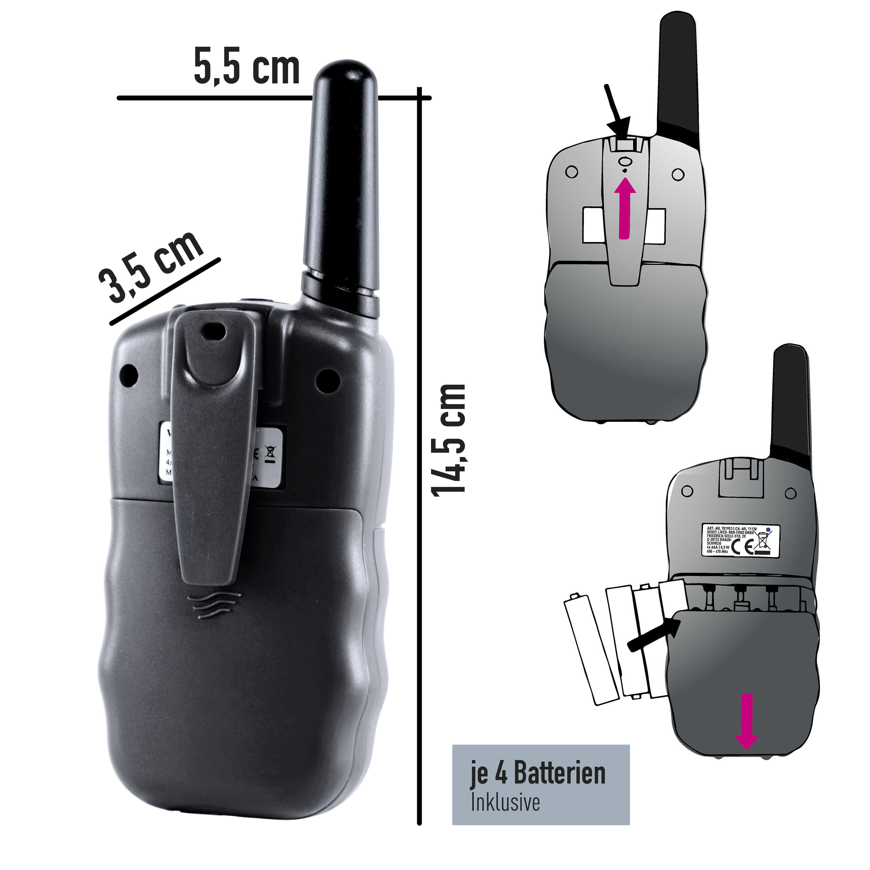 X4-TECH Walkie-Talkie mit 3 km Reichweite, 8 Kanälen, LCD-Display, LED-Licht und Kopfhöreranschluss perfekt für Outdoor-Abenteuer, schwarz
