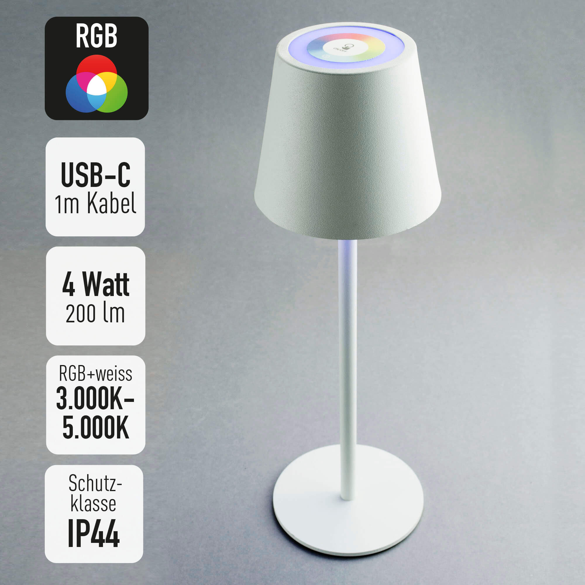 RGB LED Touch Tischleuchte, IP44, C USB, RGB + Warm-, Neutralweiß und Tageslicht, 200lm, metall