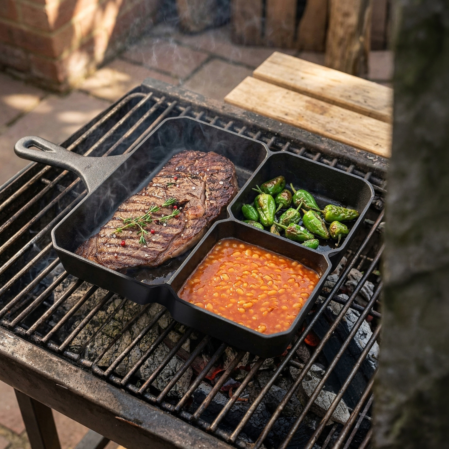 Jim Beam BBQ Zubehör, Bratpfanne aus Gusseisen, 3 Fächer, für Grill und Ofen, induktionsfähig, lange Wärmespeicherung, Grillpfanne Abmessungen 35x23cm
