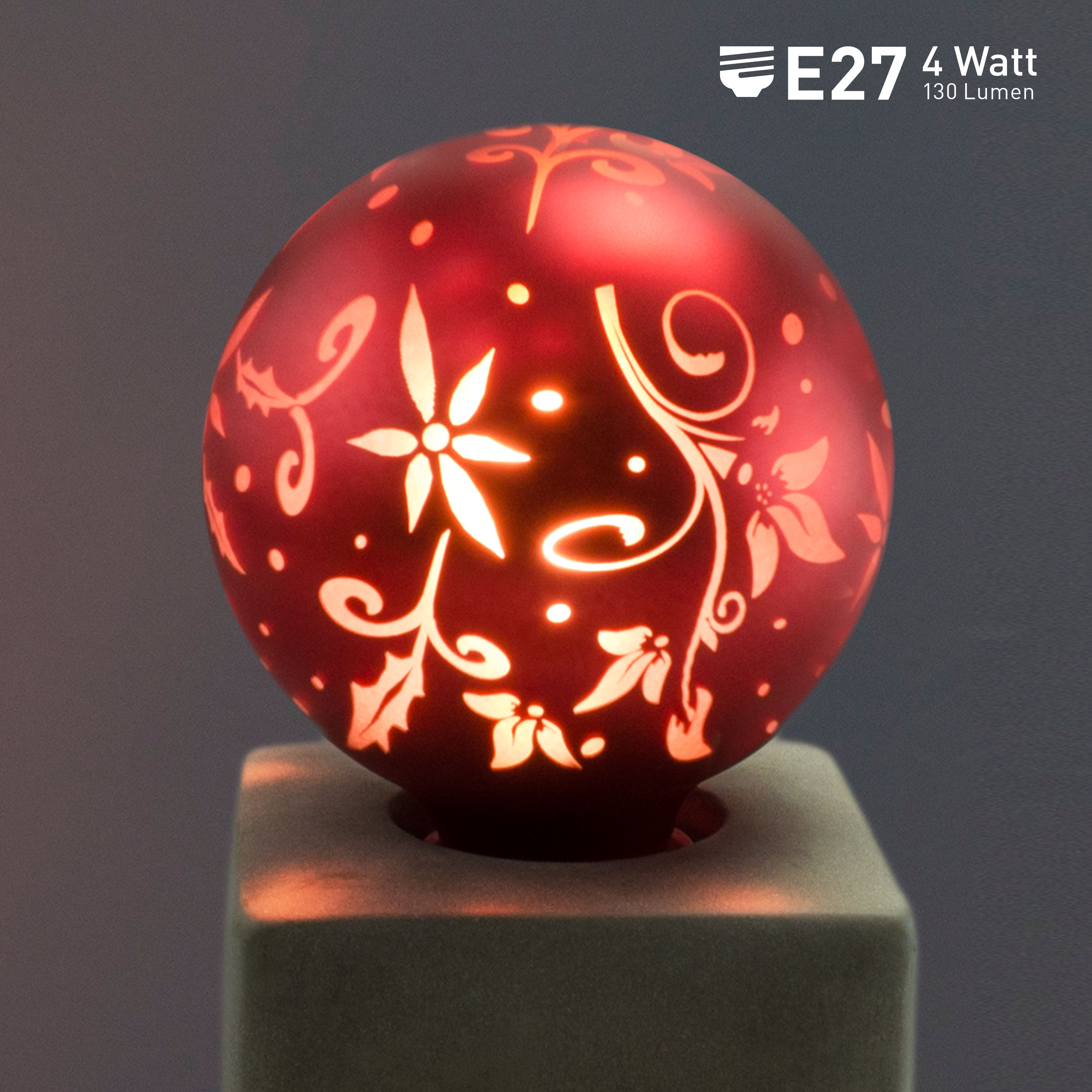 LED-Glaskugel mit E27-Fassung, Blumenmuster dunkelrot G95 4Watt