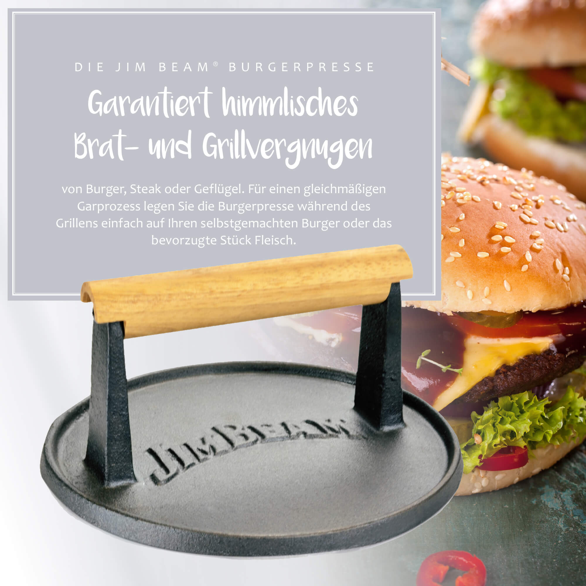 Jim Beam Burgerpresse aus Gusseisen XL mit Holzgriff, gerillt, beschleunigt Garprozess, für Burger, Steaks, Bacon, BBQ JB0158