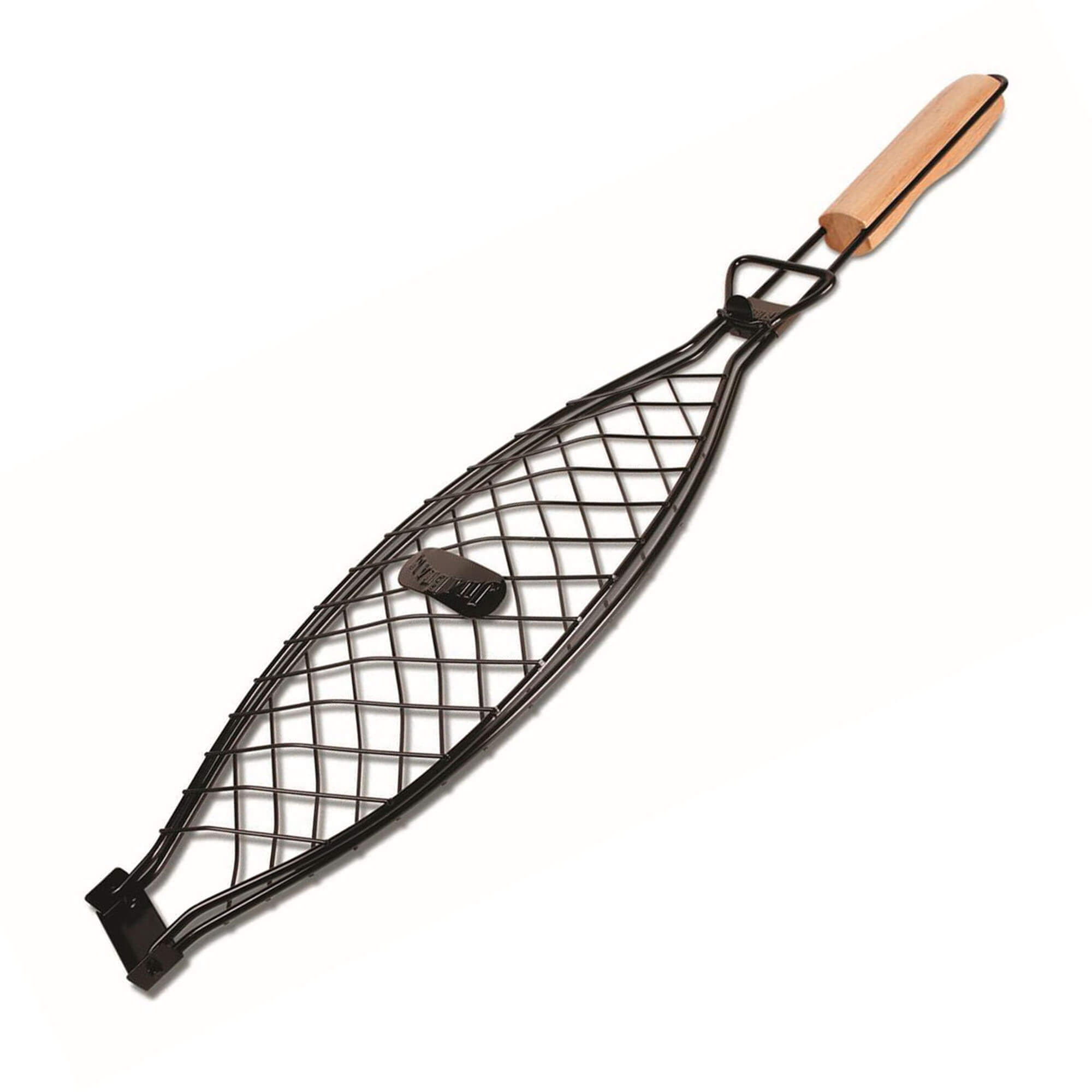 Jim Beam Fisch Grillkorb XL mit Verschluss, Fischbräter, für große Fische, Grill Fischhalter, 67cm, rostfrei, Holz-Handgriff, BBQ Zubehör