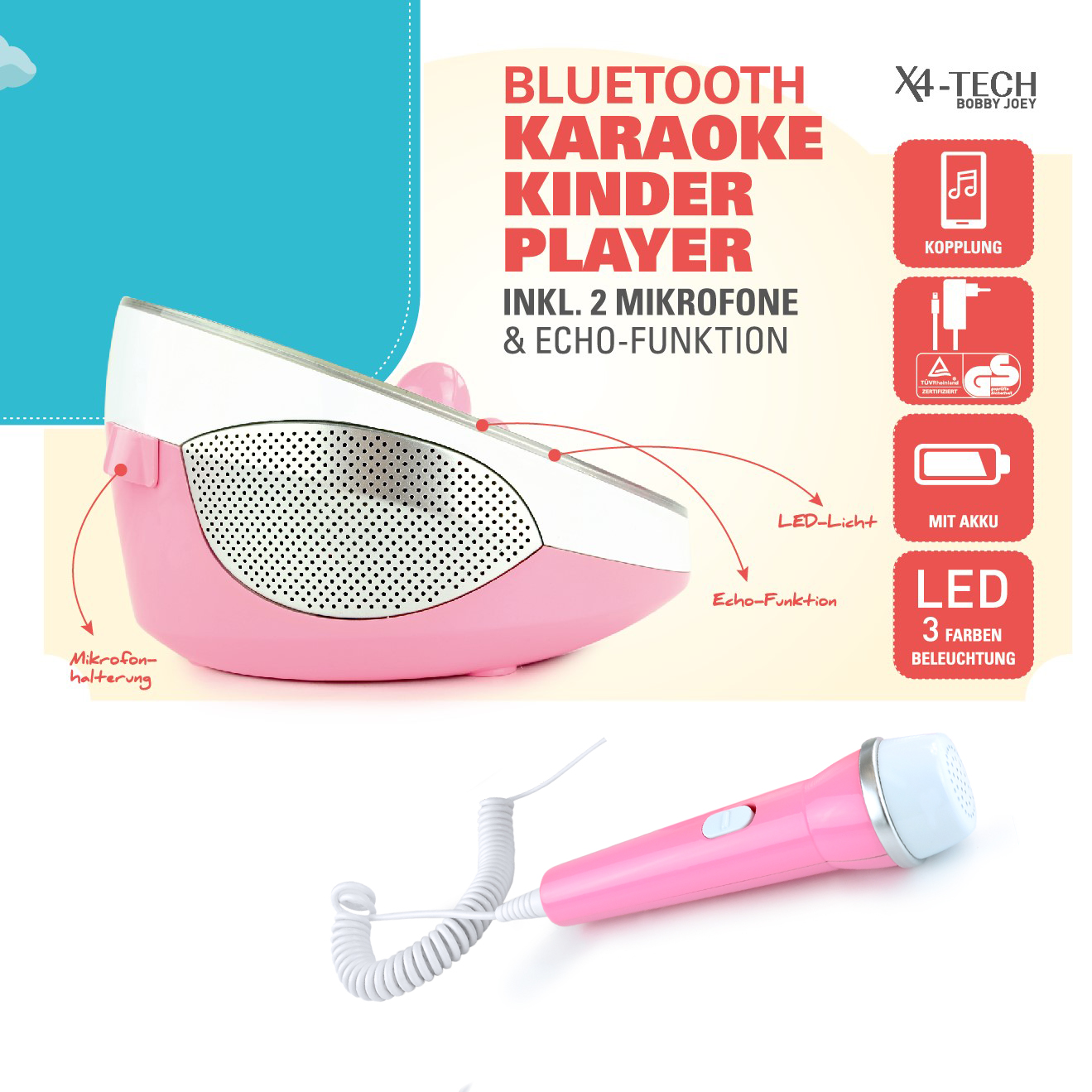 X4-TECH Jam Box Kinder Bluetooth, CD, USB-Player 2 Mikrofone Aufkleber Buchstaben Sticker Rosa X4-TECH Jam Box Kinder Bluetooth, CD, USB-Player 2 Mikrofone Aufkleber Buchstaben Sticker Rosa