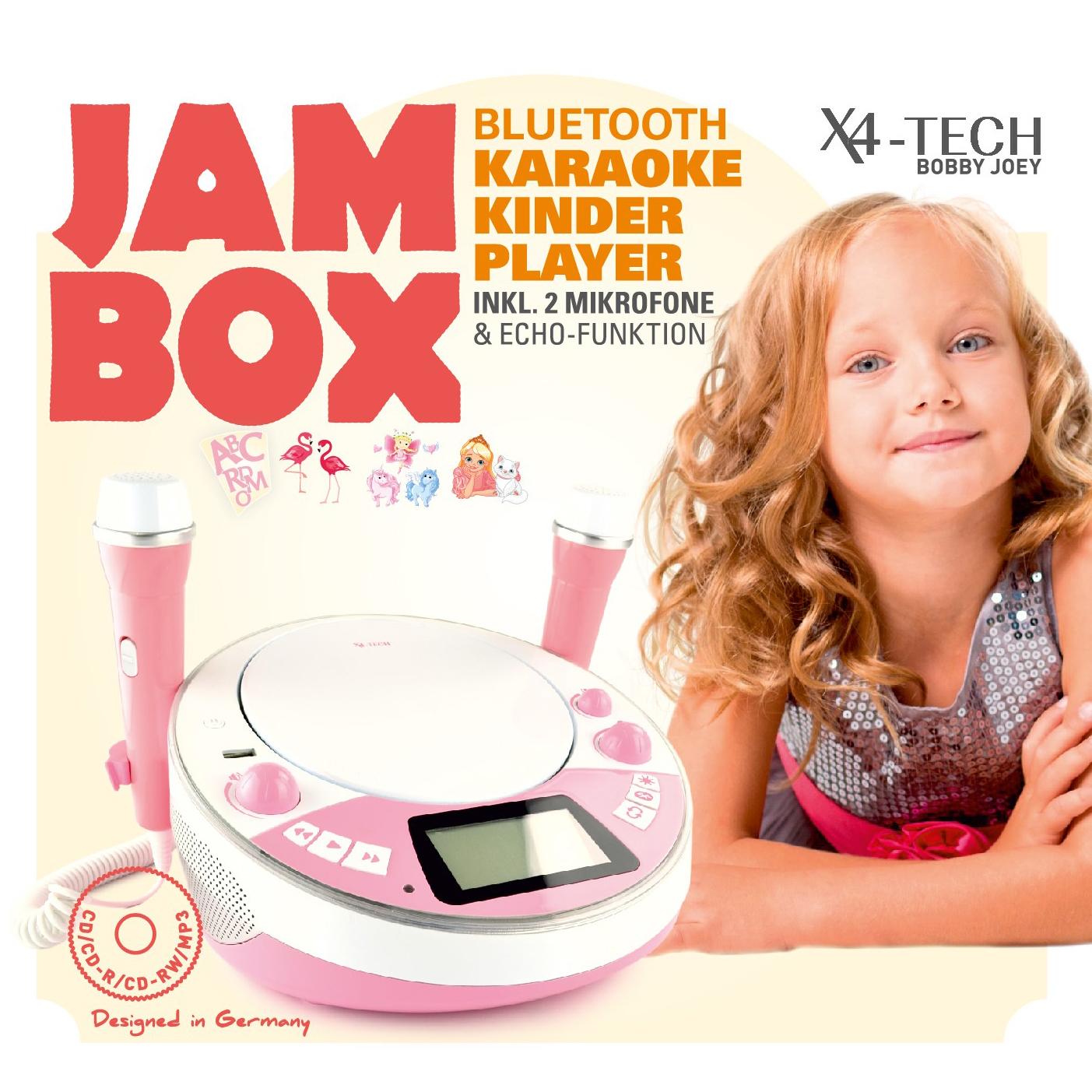 X4-TECH Jam Box Kinder Bluetooth, CD, USB-Player 2 Mikrofone Aufkleber Buchstaben Sticker Rosa