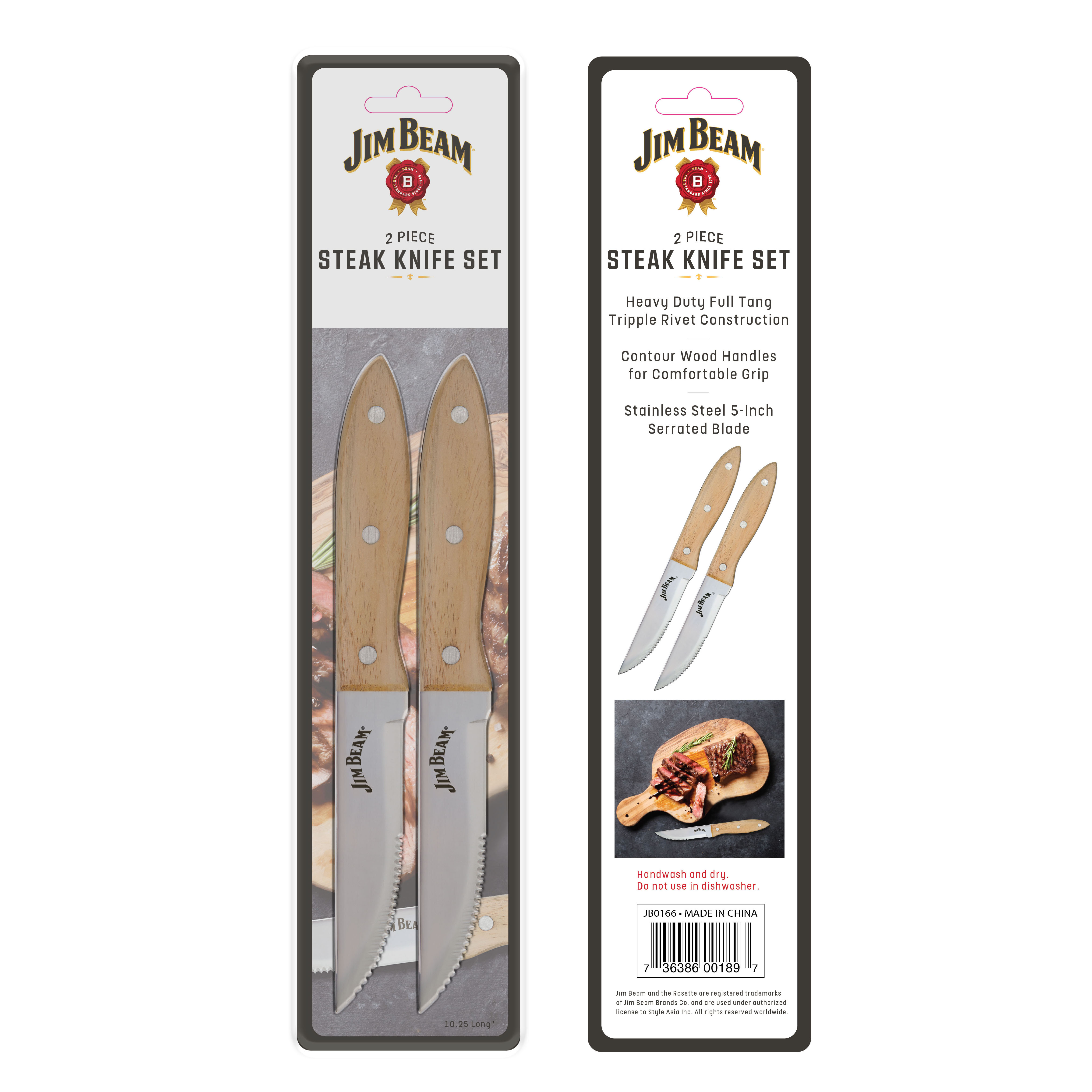 Jim Beam BBQ 2 Steakmesser, rostfreier Edelstahl, Holzgriff, sauberer Schnitt ohne Fransen scharfkantige Edelstahlklinge