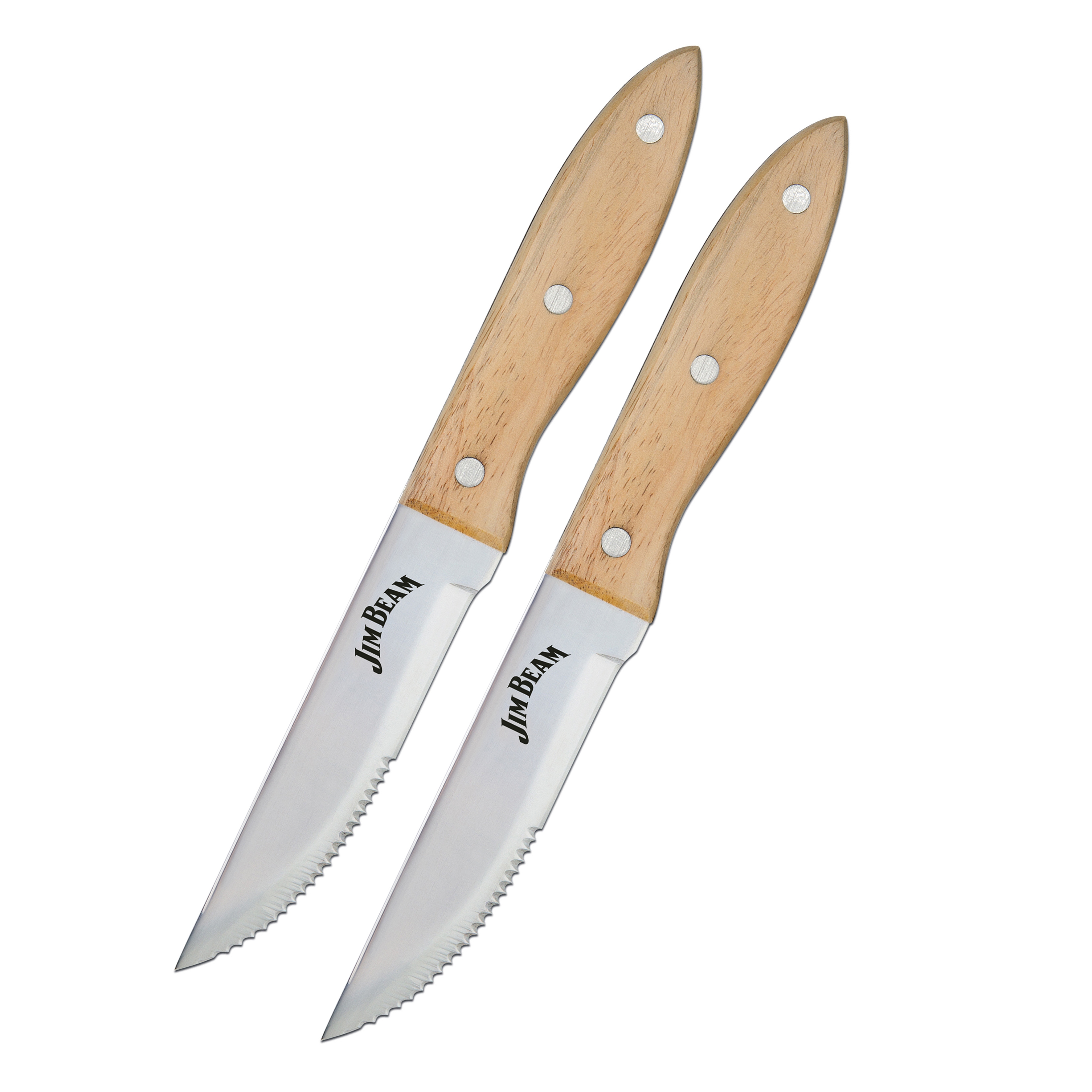 Jim Beam BBQ 2 Steakmesser, rostfreier Edelstahl, Holzgriff, sauberer Schnitt ohne Fransen, scharfkantige Edelstahlklinge, für jede Küche